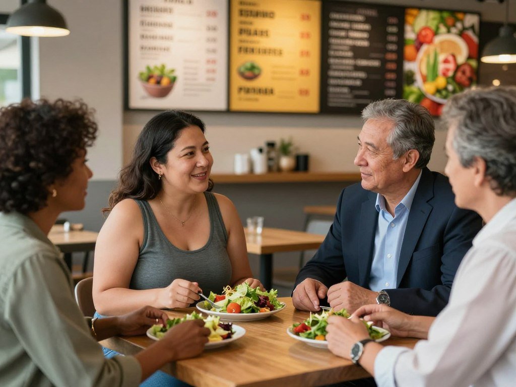 A balanced mix of diverse individuals over 40 interacting in a modern cafe setting, showcasing various social pressures related to weight loss. The scene features a fit woman in stylish yet modest casual clothing sharing a light salad with friends, while a man, dressed in professional attire, engages in a heartfelt conversation about lifestyle habits. In the background, a variety of healthy food options are displayed on a vibrant menu board. Soft, warm lighting bathes the space, creating an inviting atmosphere. The camera angle captures an intimate moment, emphasizing camaraderie and support among the group. The emotional tone is encouraging and uplifting, promoting the idea of positive changes in lifestyle choices within a social context. A balanced mix of diverse individuals over 40 interacting in a modern cafe setting, showcasing various social pressures related to weight loss. The scene features a fit woman in stylish yet modest casual clothing sharing a light salad with friends, while a man, dressed in professional attire, engages in a heartfelt conversation about lifestyle habits. In the background, a variety of healthy food options are displayed on a vibrant menu board. Soft, warm lighting bathes the space, creating an inviting atmosphere. The camera angle captures an intimate moment, emphasizing camaraderie and support among the group. The emotional tone is encouraging and uplifting, promoting the idea of positive changes in lifestyle choices within a social context.