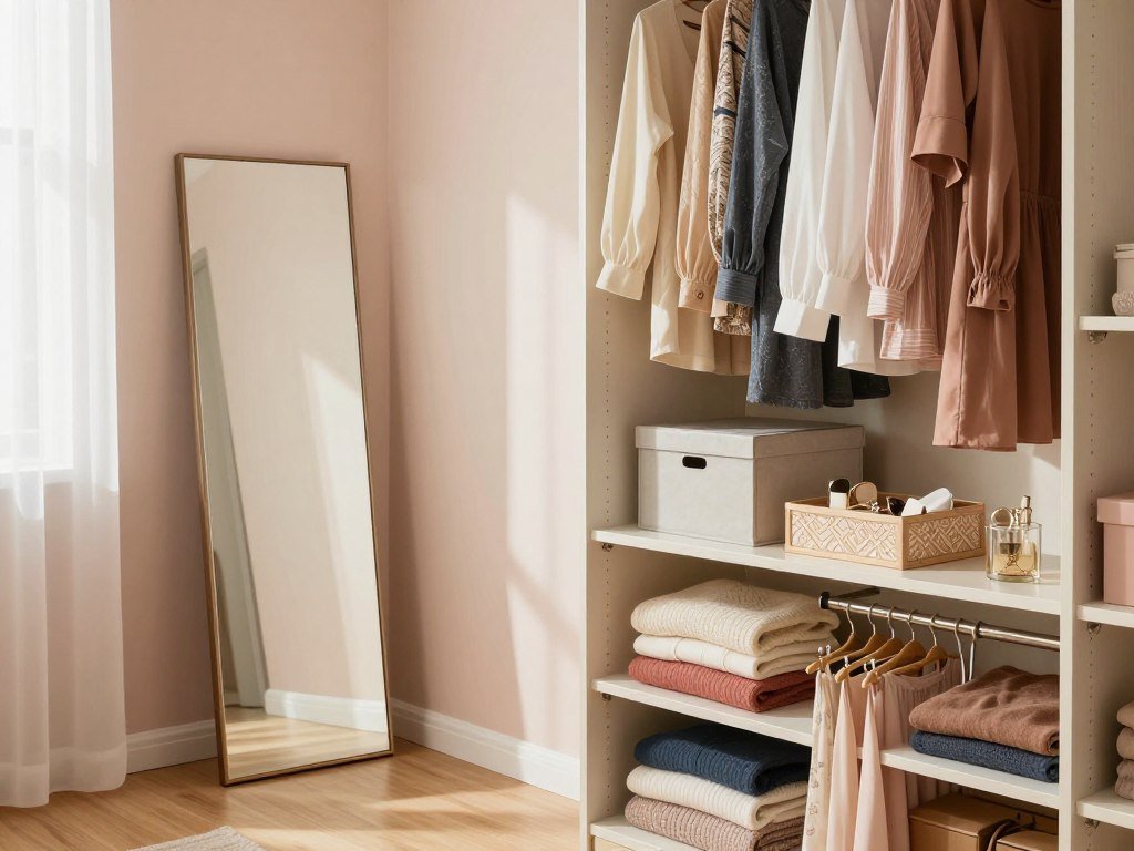 A beautifully organized bedroom closet scene showcasing women's home organization. In the foreground, an open closet reveals meticulously arranged clothing items: blouses, dresses, and folded sweaters organized by color. On the middle shelf, decorative storage boxes neatly contain accessories. A stylish full-length mirror leans against the wall, reflecting the tranquil ambiance of the space. The background features soft pastel walls and a warm wooden floor, creating an inviting atmosphere. Soft, natural lighting filters through a sheer window, casting gentle shadows and highlighting the textures of the clothing. The mood is calm and inspiring, encouraging viewers to embrace organization and style in their personal spaces. The scene captures a blend of functionality and aesthetic appeal in wardrobe management.