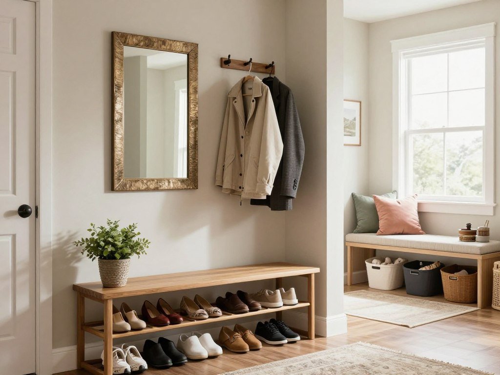 A beautifully organized entryway and mudroom featuring functional storage solutions. In the foreground, there’s a stylish shoe rack filled with an assortment of shoes and a small potted plant for a touch of greenery. The middle section showcases a wall-mounted coat rack with neatly hung jackets and a decorative mirror reflecting the space. In the background, a bright window allows natural light to illuminate the room, highlighting a bench with colorful cushions and organized bins for accessories. The overall atmosphere is warm and inviting, emphasizing a sense of order and tranquility. The scene conveys a harmonious blend of style and utility, perfect for inspiring home organization ideas. Neutral and soft color tones dominate the palette, enhancing the serene vibe of the space.