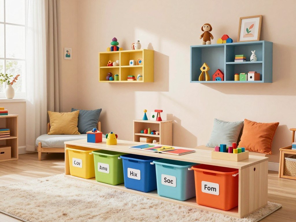 A beautifully organized kids' room featuring clever home organization hacks. In the foreground, a stylishly arranged play area with colorful storage bins, labeled for easy access to toys, books, and art supplies. A cozy reading nook with plush pillows and a small bookshelf. In the middle, colorful wall shelves displaying neatly arranged toys and decorative items, while a large, soft rug adds comfort underfoot. In the background, soft pastel walls and bright, natural light streaming through a window create a cheerful atmosphere. The scene is shot at a slight angle with a warm, inviting tone, capturing the essence of a tidy and cheerful children's space, perfect for both play and relaxation.