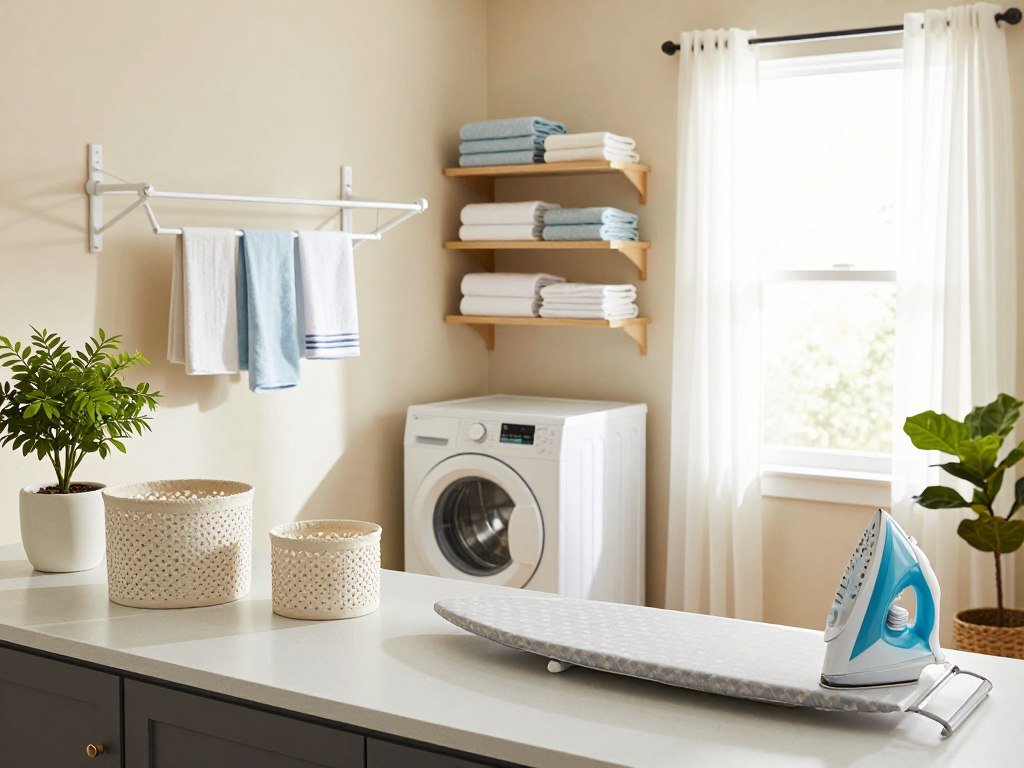 A bright and inviting laundry room with efficient organization ideas for home optimization. In the foreground, a neatly arranged countertop with decorative storage baskets and a stylish ironing board. The middle ground features a stackable washer and dryer, accompanied by a wall-mounted drying rack and shelves with neatly folded towels and detergent. The background shows a sunny window with sheer curtains allowing natural light to flood in, creating a warm atmosphere. Include a green potted plant for a touch of freshness. Soft, diffused lighting enhances the clean and organized feel, while a slightly elevated perspective captures the entire setup. The overall mood is serene and productive, showcasing an ideal space for laundry organization.