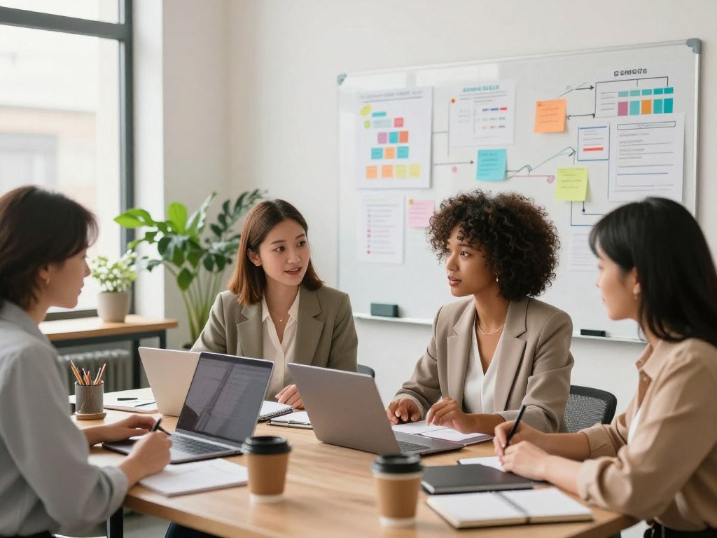 A bright, modern workspace showcasing the productivity habits of successful women. In the foreground, a diverse group of three women of different ethnicities, dressed in professional business attire, are engaged in focused discussions while surrounded by laptops, planners, and coffee mugs. In the middle ground, a large whiteboard filled with colorful diagrams and goals symbolizes organization and planning. The background features a large window with natural light streaming in, casting warm tones throughout the room. A few indoor plants bring a touch of nature, promoting a calming atmosphere. The overall mood is vibrant and inspiring, reflecting determination and professionalism. Use soft focus and shallow depth of field to highlight the women while keeping the background slightly blurred.