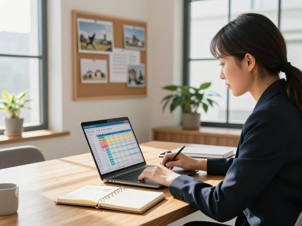 A bright office space with large windows allowing natural sunlight to pour in, illuminating a sleek wooden desk. In the foreground, a woman in professional business attire, seated at the desk, is deeply focused on budgeting through a colorful spreadsheet displayed on her laptop. Beside her, an elegant planner filled with notes on future goals rests open. In the middle ground, a vision board showcasing lifestyle aspirations, such as travel and homeownership, is pinned to a corkboard on the wall. The background features potted plants adding freshness to the atmosphere, enhancing a sense of motivation and organization. The overall mood is empowering and optimistic, highlighting the balance between enjoying the present and planning for the future. Use a shallow depth of field to softly blur the background, directing focus toward the woman and her finance-related activities.