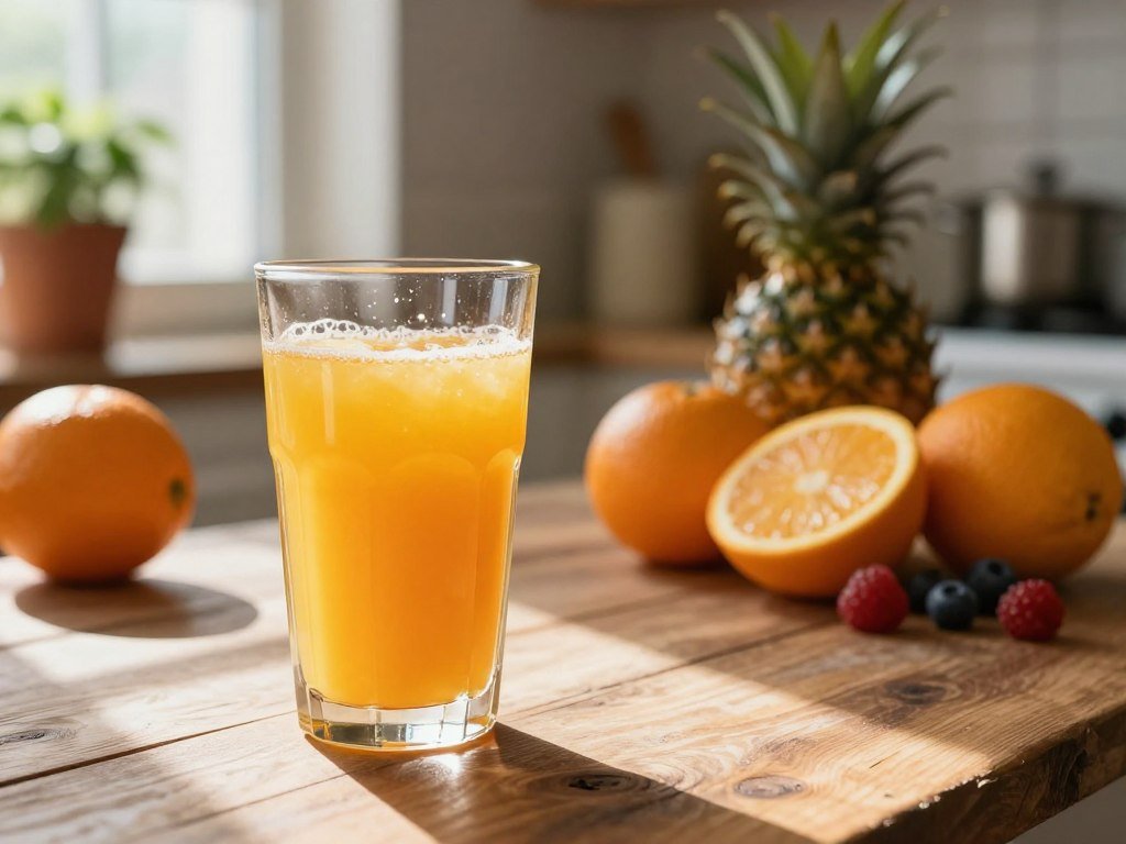 A close-up of a partially filled glass of colorful fruit juice on a rustic wooden table, symbolizing hidden calories. In the foreground, the glass is glistening, catching sunlight that streams softly through a nearby window. The middle ground features an assortment of fruits like oranges, pineapples, and berries, indicating natural sweetness. In the background, a blurred kitchen setting offers a warm, inviting atmosphere, with potted herbs and kitchenware subtly hinting at healthy living. The image should balance light and shadow to create depth, emphasizing the allure of the juice while prompting curiosity about its hidden calorie content. The mood is contemplative, suggesting the importance of making mindful choices about liquid consumption for weight loss. A close-up of a partially filled glass of colorful fruit juice on a rustic wooden table, symbolizing hidden calories. In the foreground, the glass is glistening, catching sunlight that streams softly through a nearby window. The middle ground features an assortment of fruits like oranges, pineapples, and berries, indicating natural sweetness. In the background, a blurred kitchen setting offers a warm, inviting atmosphere, with potted herbs and kitchenware subtly hinting at healthy living. The image should balance light and shadow to create depth, emphasizing the allure of the juice while prompting curiosity about its hidden calorie content. The mood is contemplative, suggesting the importance of making mindful choices about liquid consumption for weight loss.