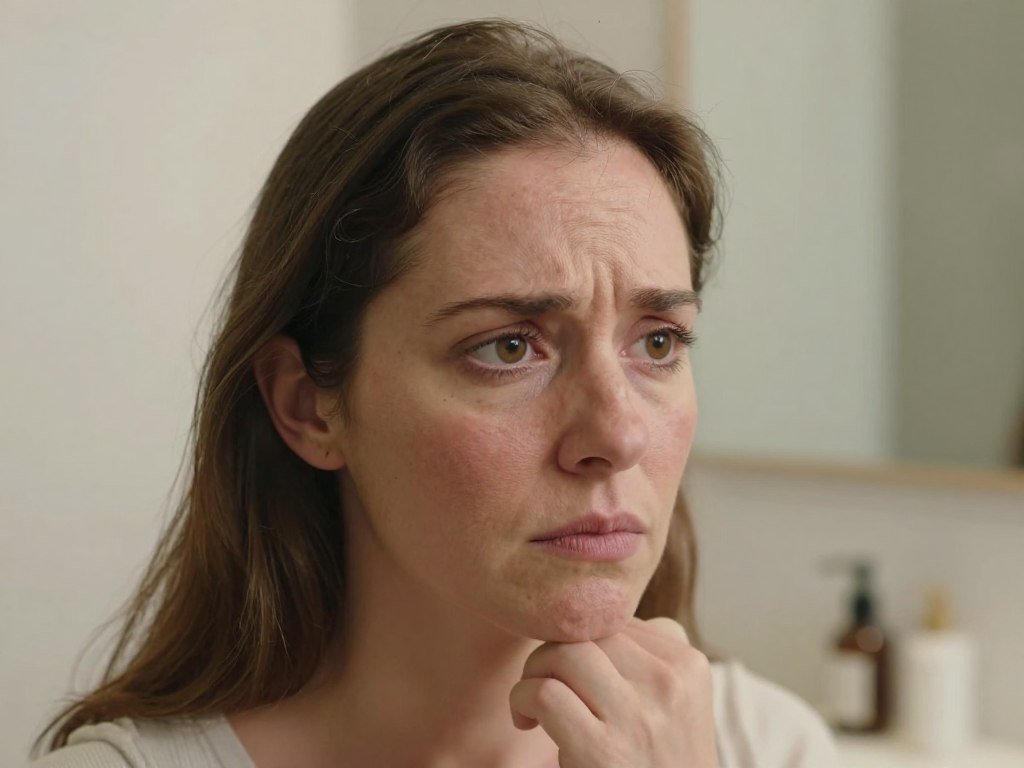 A close-up view of a woman with a concerned expression, showcasing distinct skin and hair changes indicating hormone imbalance. Her skin appears with symptoms like dryness and discoloration, while her hair reflects thinning and dullness. The foreground captures her thoughtful gaze, emphasizing her concern. In the middle ground, subtle details like a bathroom mirror with skincare products hint at self-care. The background features a softly lit, cozy bathroom setting, creating a warm, introspective atmosphere. The lighting is soft and diffused, enhancing the natural textures of her skin and hair. The mood conveys a sense of curiosity and contemplation about health and well-being. A close-up view of a woman with a concerned expression, showcasing distinct skin and hair changes indicating hormone imbalance. Her skin appears with symptoms like dryness and discoloration, while her hair reflects thinning and dullness. The foreground captures her thoughtful gaze, emphasizing her concern. In the middle ground, subtle details like a bathroom mirror with skincare products hint at self-care. The background features a softly lit, cozy bathroom setting, creating a warm, introspective atmosphere. The lighting is soft and diffused, enhancing the natural textures of her skin and hair. The mood conveys a sense of curiosity and contemplation about health and well-being.