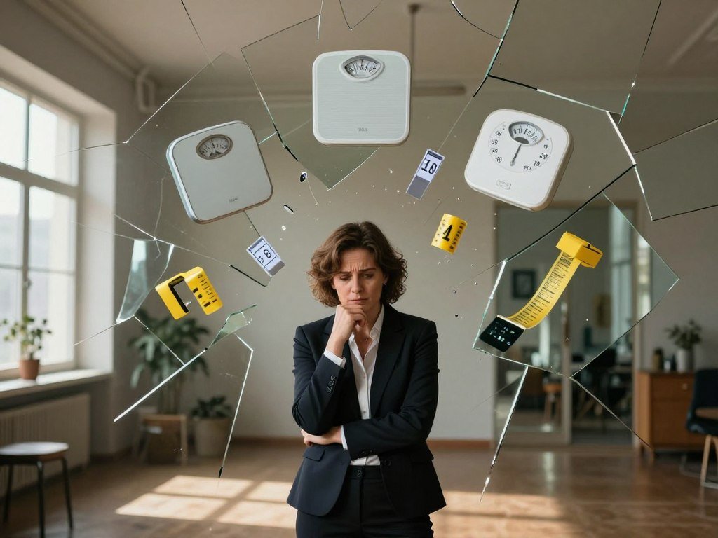 A conceptual scene portraying psychological barriers to weight loss. In the foreground, a figure in professional business attire, looking contemplative and slightly frustrated, stands in front of a large, impenetrable wall made of fragmented mirrors symbolizing self-image issues and distorted perceptions. In the middle, various images of scale numbers and calorie counters float around the figure, representing common mental obstacles, like anxiety and negative self-talk. The background features a dimly lit room with faint sunlight filtering through, casting a warm yet somber glow, evoking a sense of introspection. The overall mood should reflect a struggle against internal dialogue and self-doubt, capturing the complexity of weight loss challenges after 40. A conceptual scene portraying psychological barriers to weight loss. In the foreground, a figure in professional business attire, looking contemplative and slightly frustrated, stands in front of a large, impenetrable wall made of fragmented mirrors symbolizing self-image issues and distorted perceptions. In the middle, various images of scale numbers and calorie counters float around the figure, representing common mental obstacles, like anxiety and negative self-talk. The background features a dimly lit room with faint sunlight filtering through, casting a warm yet somber glow, evoking a sense of introspection. The overall mood should reflect a struggle against internal dialogue and self-doubt, capturing the complexity of weight loss challenges after 40.