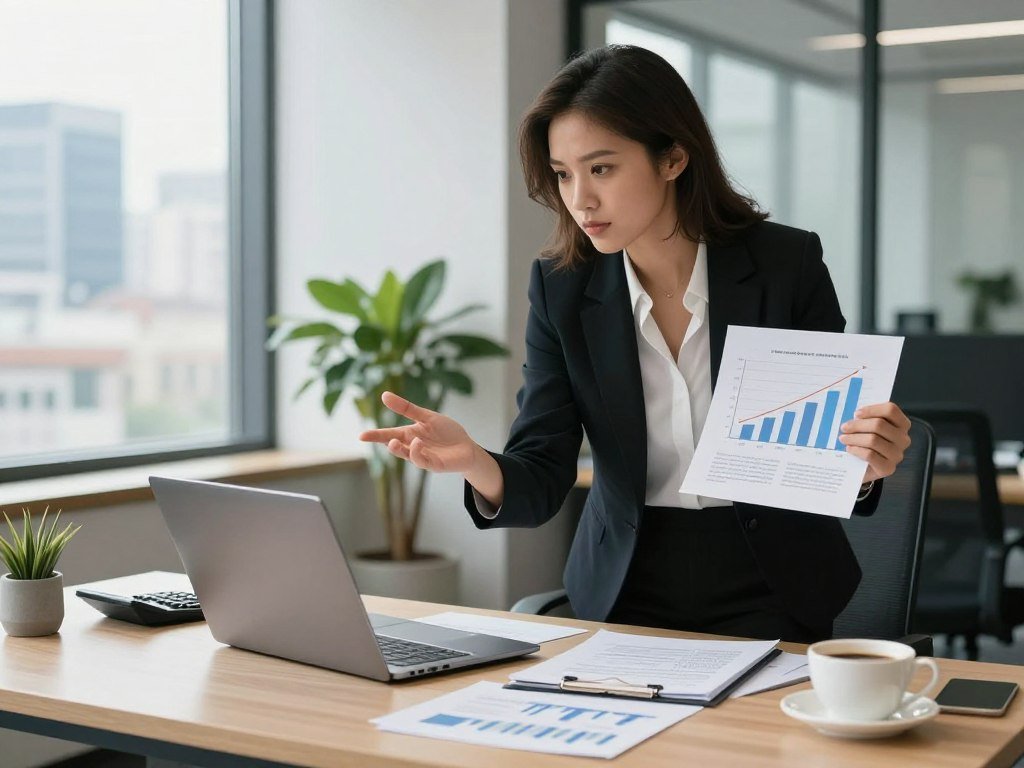 A confident woman in her early 30s, dressed in professional business attire, stands with a laptop open on a stylish desk cluttered with financial documents and a calculator. She has a determined expression as she gestures towards a graph showing an upward trend in earnings. In the foreground, an elegant coffee cup sits beside a notepad filled with handwritten notes and strategies. The middle ground features a modern office environment with soft, natural light filtering through large windows, highlighting a plant in the corner. In the background, cityscape views reflect ambition and growth. The atmosphere is empowering and focused, capturing the essence of negotiating salaries and increasing earning potential.