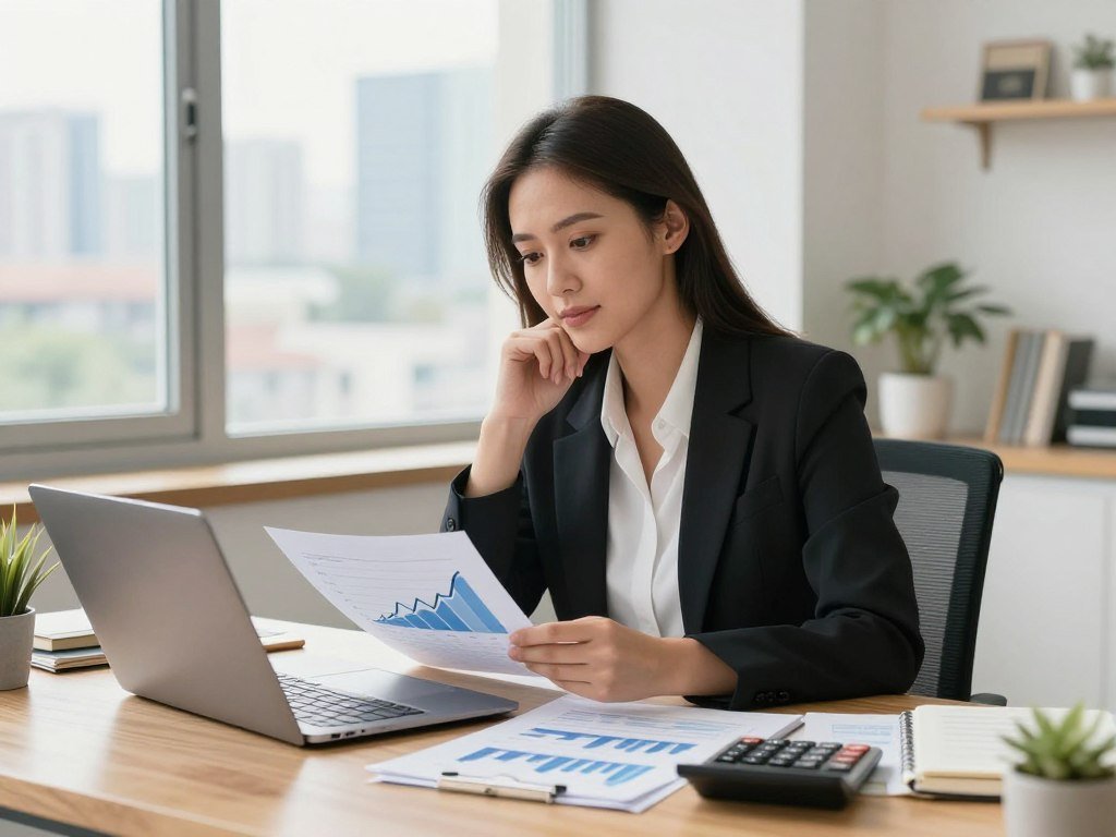 A confident woman in professional business attire, sitting at a stylish desk filled with financial planning tools like a laptop, notebooks, and a calculator. She looks thoughtfully at a chart illustrating positive financial growth. In the background, a large window reveals a bright, inviting cityscape, symbolizing opportunities. The soft, natural lighting creates a warm and optimistic atmosphere, enhancing the sense of empowerment. The angle is slightly above eye level, capturing her focused expression and the details of her workspace. Surrounding her, subtle hints of plants and motivational decor reflect a healthy money mindset. The overall mood conveys determination and clarity in personal finance habits, inspiring viewers to adopt positive financial practices.