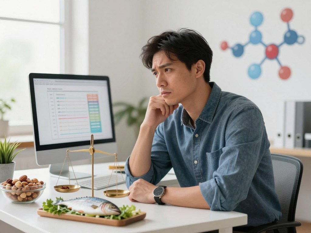 A contemplative man in his 30s sits at a desk in a well-lit office, dressed in smart casual attire. His expression conveys concern and introspection, as he glances at a chart depicting hormone levels on a computer screen in the background. Surrounding him are elements symbolizing hormone balance, such as balanced scales and healthy foods like nuts, fish, and leafy greens displayed on a nearby table. Soft, natural light filters through a window, casting a serene glow over the scene. The background features abstract representations of hormones, like molecular structures, subtly woven into the design. The atmosphere is thoughtful and informative, capturing the essence of understanding hormone imbalance in men while remaining professional and engaging. A contemplative man in his 30s sits at a desk in a well-lit office, dressed in smart casual attire. His expression conveys concern and introspection, as he glances at a chart depicting hormone levels on a computer screen in the background. Surrounding him are elements symbolizing hormone balance, such as balanced scales and healthy foods like nuts, fish, and leafy greens displayed on a nearby table. Soft, natural light filters through a window, casting a serene glow over the scene. The background features abstract representations of hormones, like molecular structures, subtly woven into the design. The atmosphere is thoughtful and informative, capturing the essence of understanding hormone imbalance in men while remaining professional and engaging.