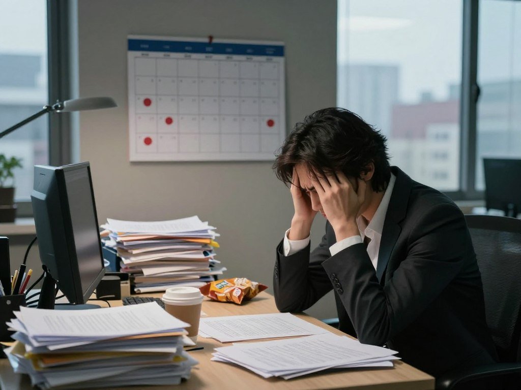 A dimly lit office space, with a person sitting at a desk cluttered with paperwork and unhealthy snacks, embodying the stress of modern life. In the foreground, the individual, dressed in professional business attire, has a furrowed brow and a tense posture, clearly overwhelmed. The desk is surrounded by stacks of files and a coffee cup, emphasizing a chaotic atmosphere. In the middle ground, a large calendar on the wall is marked with red circles on stressful days, symbolizing chronic stress. The background features a window with a faint view of a busy urban landscape, hinting at outside pressures. Soft, diffused lighting creates a moody feel, enhancing the tension and struggle against the unseen obstacles of weight loss related to chronic stress and cortisol levels. A dimly lit office space, with a person sitting at a desk cluttered with paperwork and unhealthy snacks, embodying the stress of modern life. In the foreground, the individual, dressed in professional business attire, has a furrowed brow and a tense posture, clearly overwhelmed. The desk is surrounded by stacks of files and a coffee cup, emphasizing a chaotic atmosphere. In the middle ground, a large calendar on the wall is marked with red circles on stressful days, symbolizing chronic stress. The background features a window with a faint view of a busy urban landscape, hinting at outside pressures. Soft, diffused lighting creates a moody feel, enhancing the tension and struggle against the unseen obstacles of weight loss related to chronic stress and cortisol levels.