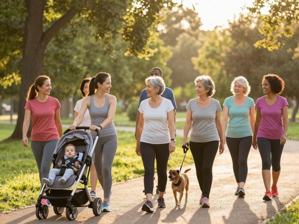 A diverse group of women, representing different life stages, are walking together in a scenic park during golden hour, emphasizing the joyful aspects of fitness through walking. In the foreground, a young mother pushes a stroller with a baby, smiling and chatting with a middle-aged woman dressed in modest athletic wear, who has her dog on a leash. The background features trees with warm sunlight filtering through the leaves, creating a tranquil atmosphere. A slightly elevated angle captures the group mid-stride, highlighting their connection and shared experience. Soft, natural lighting enhances the warm colors of the scene, evoking a sense of community and health. The image should feel inspiring and uplifting, showcasing the benefits of walking for wellness at every stage of life. A diverse group of women, representing different life stages, are walking together in a scenic park during golden hour, emphasizing the joyful aspects of fitness through walking. In the foreground, a young mother pushes a stroller with a baby, smiling and chatting with a middle-aged woman dressed in modest athletic wear, who has her dog on a leash. The background features trees with warm sunlight filtering through the leaves, creating a tranquil atmosphere. A slightly elevated angle captures the group mid-stride, highlighting their connection and shared experience. Soft, natural lighting enhances the warm colors of the scene, evoking a sense of community and health. The image should feel inspiring and uplifting, showcasing the benefits of walking for wellness at every stage of life.