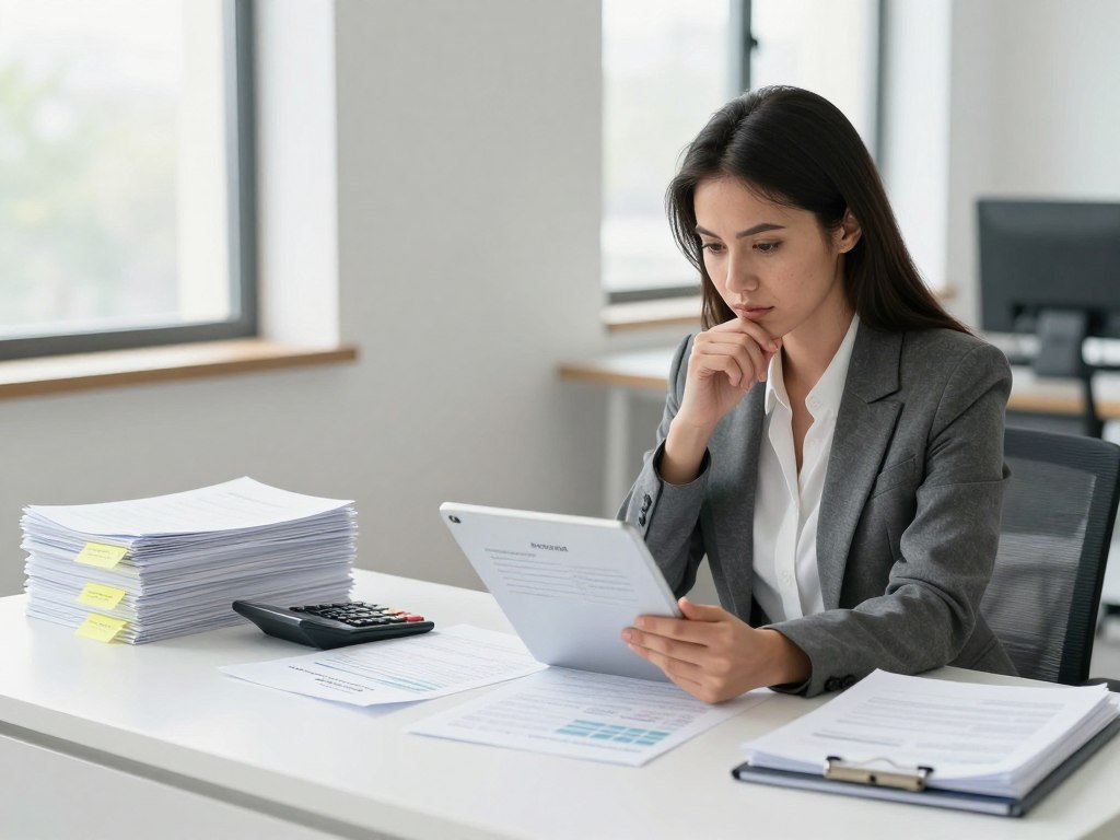 A dynamic scene showcasing smart money decisions with a focus on debt management and elimination. In the foreground, a confident woman in professional attire, sitting at a modern desk, reviewing financial documents on her tablet with a thoughtful yet determined expression. The middle ground features neatly organized stacks of paperwork labeled with reminders about debt management strategies and a calculator, symbolizing proactive financial planning. In the background, large windows let in soft, natural light, illuminating a clean, minimalist office space, creating an uplifting atmosphere. The overall mood is one of empowerment and clarity, capturing the essence of making informed financial choices.