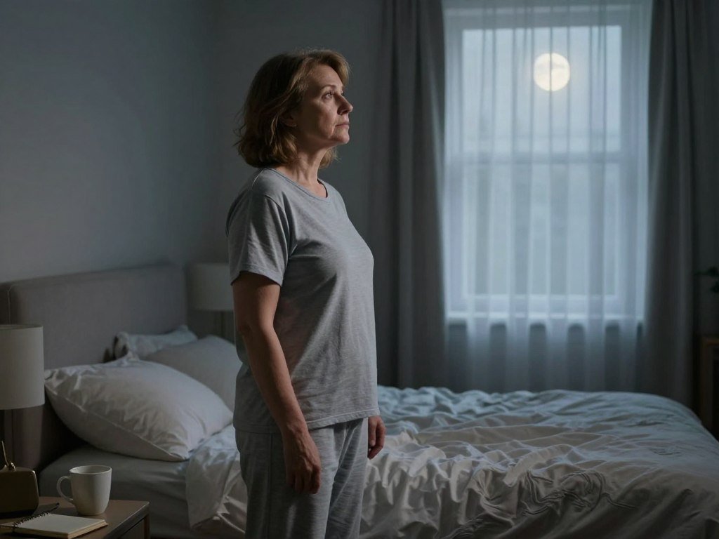 A middle-aged woman, approximately 45 years old, stands in a softly lit bedroom, dressed in comfortable, modest sleepwear. She appears contemplative, gazing out the window, where moonlight filters through sheer curtains, casting gentle shadows. In the foreground, a coffee cup and a journal lie on a bedside table, symbolizing her evening routine. The middle ground features a neatly made bed, hinting at a stressed yet organized lifestyle. The background reveals calming decor with muted colors, contributing to a serene atmosphere. The overall mood is reflective, capturing the hidden impact of poor sleep quality on weight loss after 40. The use of soft, diffused lighting enhances the intimate and contemplative feel of the scene, emphasizing the importance of rest in personal well-being. A middle-aged woman, approximately 45 years old, stands in a softly lit bedroom, dressed in comfortable, modest sleepwear. She appears contemplative, gazing out the window, where moonlight filters through sheer curtains, casting gentle shadows. In the foreground, a coffee cup and a journal lie on a bedside table, symbolizing her evening routine. The middle ground features a neatly made bed, hinting at a stressed yet organized lifestyle. The background reveals calming decor with muted colors, contributing to a serene atmosphere. The overall mood is reflective, capturing the hidden impact of poor sleep quality on weight loss after 40. The use of soft, diffused lighting enhances the intimate and contemplative feel of the scene, emphasizing the importance of rest in personal well-being.