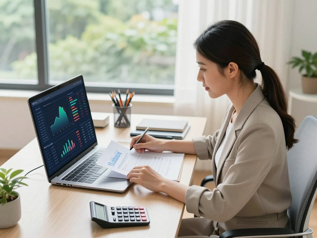 A modern, light-filled home office scene showcasing a professional woman in her 30s, seated at a neatly organized desk with a laptop, financial documents, and a calculator. She wears smart casual business attire, focusing intently on her work. On the desk, a digital financial dashboard displays colorful graphs and charts illustrating budgeting skills and automated finances. The background features a bright window with greenery outside, conveying a sense of tranquility and productivity. Soft, natural light floods the room, highlighting the woman's engagement with her finances. The atmosphere is empowering and focused, reflecting the importance of automating finances for consistency. The image is captured from a slightly elevated angle, adding depth to the workspace without distracting elements.