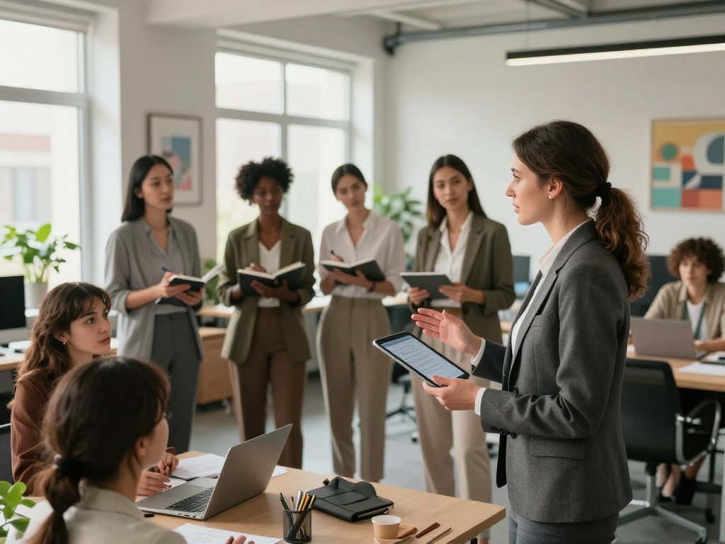 A modern office environment filled with natural light, showcasing a diverse group of professional women engaged in task delegation. In the foreground, a confident woman in a tailored business suit gestures as she outlines tasks on a digital tablet, surrounded by colleagues attentively listening. In the middle, diverse women, some standing and others seated, hold notebooks and laptops, poised to take notes or discuss assignments. The background features an open-plan office with large windows, indoor plants, and motivational artwork on the walls, creating an inspiring atmosphere. Soft, diffused lighting enhances the collaborative mood. The perspective is slightly elevated, capturing the leadership dynamic and teamwork in action.