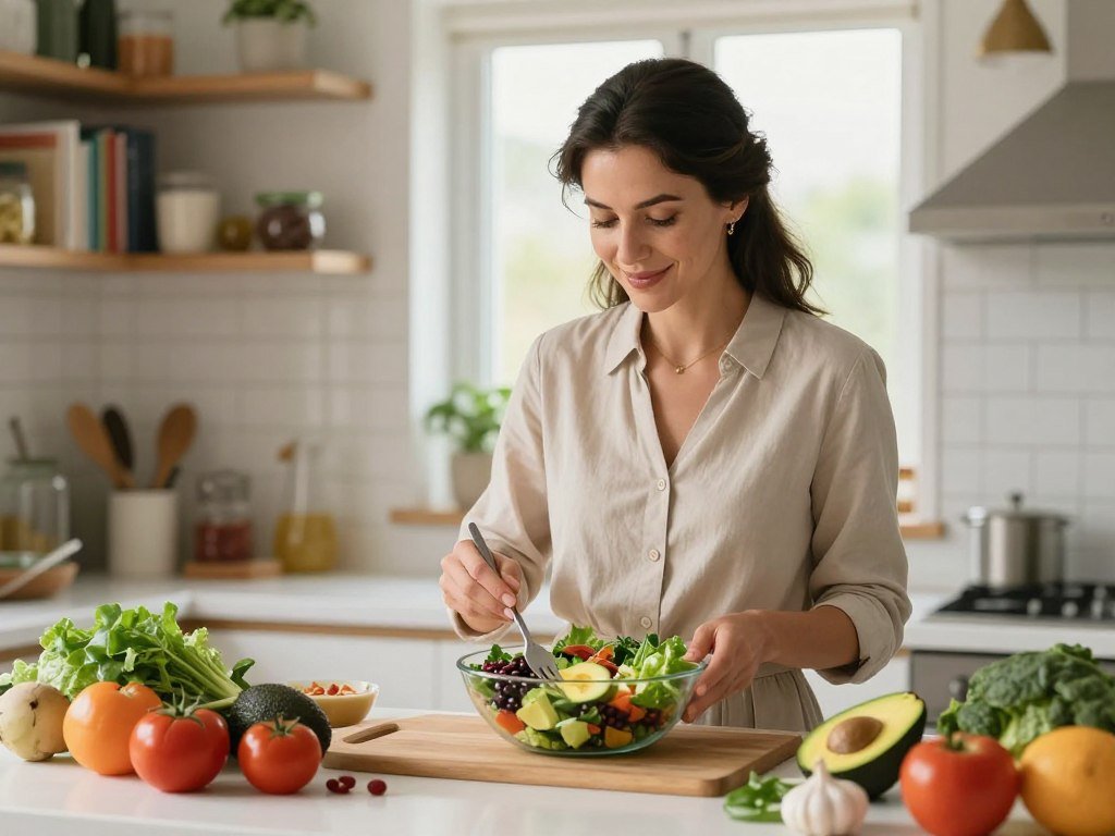 A professional woman in a bright kitchen, elegantly dressed in smart casual attire, is preparing a colorful salad rich in leafy greens, avocados, and legumes, symbolizing the importance of folate and folic acid. The foreground features fresh ingredients artfully arranged, emphasizing health and vitality. In the middle, the woman is focused on her task, arranging the salad with a warm smile, embodying confidence and expertise in nutrition. The background includes shelves lined with nutrition books and a window letting in soft, natural light, creating a welcoming and inspiring atmosphere. The composition should evoke a sense of empowerment and knowledge, encouraging women to prioritize their health through nutritious choices. Use soft, diffused lighting to enhance the warmth of the scene.