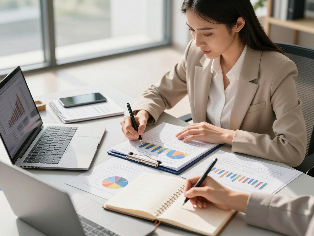 A professional woman in her 30s is sitting at a sleek desk, surrounded by financial documents, a laptop, and colorful charts. Her expression is focused and determined as she reviews her budget plan. In the foreground, a close-up of her hand highlights a pen writing down figures in a notebook. The middle ground shows a digital tablet displaying graphs, emphasizing her budgeting skills. The background features a bright, modern office with large windows, allowing natural light to illuminate the scene and create an inspiring atmosphere. The color palette is warm and inviting, with soft shadows to add depth. Capture this scene with a slight aerial angle to give a comprehensive view of her work environment.