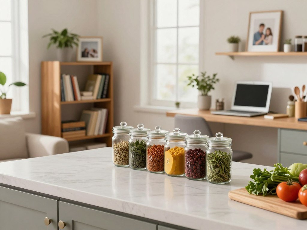 A serene and beautifully organized home interior showcasing effective organization tips. In the foreground, a neatly arranged kitchen counter features labeled glass jars filled with colorful spices and herbs, alongside a wooden cutting board and fresh produce. The middle ground includes a cozy living room with a stylish bookshelf, where neatly organized books are complemented by decorative plants and framed photos of family moments. In the background, soft natural light filters through large windows, highlighting a clean workspace with minimalist decor, emphasizing tranquility and focus. The overall mood is calm and inspiring, with a warm color palette and inviting atmosphere, perfect for encouraging viewers to embrace home organization.
