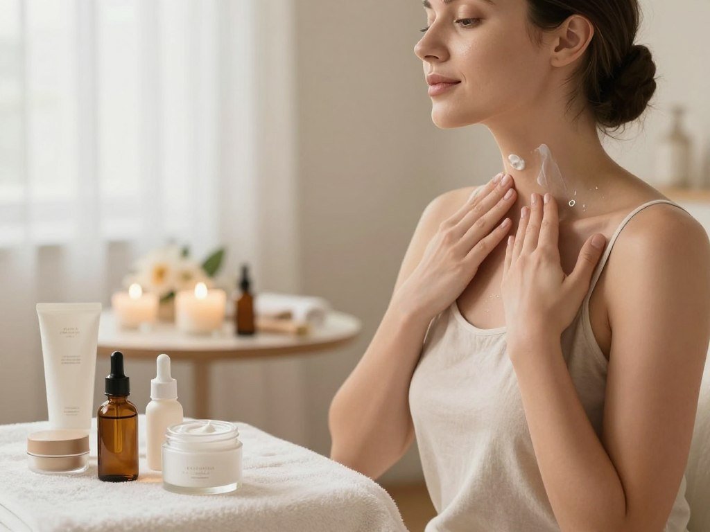 A serene and elegant setting showcasing beauty secrets for neck and décolletage care. In the foreground, a beautiful, professional woman in modest casual clothing gently applies a nourishing cream onto her neck and décolletage. Her expression is calm and focused, demonstrating self-care. Surrounding her are aesthetically arranged beauty products like serums and oils presented on a soft, plush towel. In the middle ground, a table adorned with flowers and soft lighting creates a soothing atmosphere. The background features a softly blurred spa setting with gentle light filtering through sheer curtains, enhancing a calm and rejuvenating mood. The image should be well-lit, emphasizing natural skin tones and showcasing the elegance of the beauty routine without distractions. A serene and elegant setting showcasing beauty secrets for neck and décolletage care. In the foreground, a beautiful, professional woman in modest casual clothing gently applies a nourishing cream onto her neck and décolletage. Her expression is calm and focused, demonstrating self-care. Surrounding her are aesthetically arranged beauty products like serums and oils presented on a soft, plush towel. In the middle ground, a table adorned with flowers and soft lighting creates a soothing atmosphere. The background features a softly blurred spa setting with gentle light filtering through sheer curtains, enhancing a calm and rejuvenating mood. The image should be well-lit, emphasizing natural skin tones and showcasing the elegance of the beauty routine without distractions.