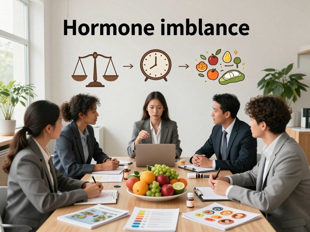 A serene and informative illustration depicting common causes of hormone imbalance. In the foreground, feature a diverse group of professionals in smart business attire, discussing at a table cluttered with health-related items like fruits, supplements, and lifestyle brochures. In the middle ground, include subtle visual metaphors such as a weighing scale, a clock representing stress, and an array of healthy food items symbolizing nutrition. The background showcases a calming office environment with plants and natural light streaming through large windows, enhancing the atmosphere of well-being and health. Employ soft, natural lighting to create a warm and inviting mood, using a wide-angle lens to capture the entire scene harmoniously. The overall composition should feel balanced and educational, emphasizing the theme of awareness about hormonal health. A serene and informative illustration depicting common causes of hormone imbalance. In the foreground, feature a diverse group of professionals in smart business attire, discussing at a table cluttered with health-related items like fruits, supplements, and lifestyle brochures. In the middle ground, include subtle visual metaphors such as a weighing scale, a clock representing stress, and an array of healthy food items symbolizing nutrition. The background showcases a calming office environment with plants and natural light streaming through large windows, enhancing the atmosphere of well-being and health. Employ soft, natural lighting to create a warm and inviting mood, using a wide-angle lens to capture the entire scene harmoniously. The overall composition should feel balanced and educational, emphasizing the theme of awareness about hormonal health.