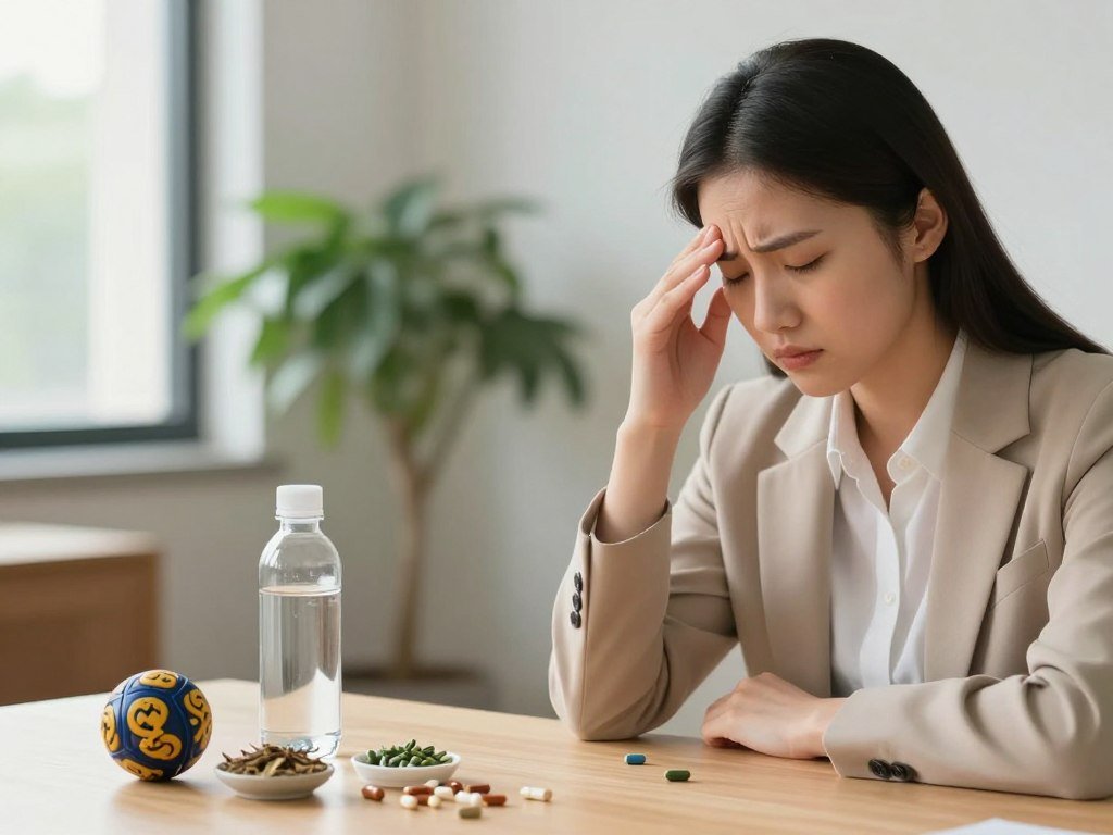 A serene and informative indoor setting showcasing the signs of hormonal imbalance. In the foreground, a young adult woman dressed in professional business attire, appears thoughtful and contemplative, with slight signs of discomfort, such as a hand on her forehead and a furrowed brow. The middle ground features a table with visually symbolic items: herbal supplements, a water bottle, and a stress ball, illustrating physical discomforts linked to hormones. Soft, natural lighting from a window creates a warm atmosphere, while a blurred arrangement of green plants in the background adds tranquility. The camera angle is slightly elevated, emphasizing both the subject and the table in a clear, inviting composition that conveys a sense of awareness and professionalism. A serene and informative indoor setting showcasing the signs of hormonal imbalance. In the foreground, a young adult woman dressed in professional business attire, appears thoughtful and contemplative, with slight signs of discomfort, such as a hand on her forehead and a furrowed brow. The middle ground features a table with visually symbolic items: herbal supplements, a water bottle, and a stress ball, illustrating physical discomforts linked to hormones. Soft, natural lighting from a window creates a warm atmosphere, while a blurred arrangement of green plants in the background adds tranquility. The camera angle is slightly elevated, emphasizing both the subject and the table in a clear, inviting composition that conveys a sense of awareness and professionalism.