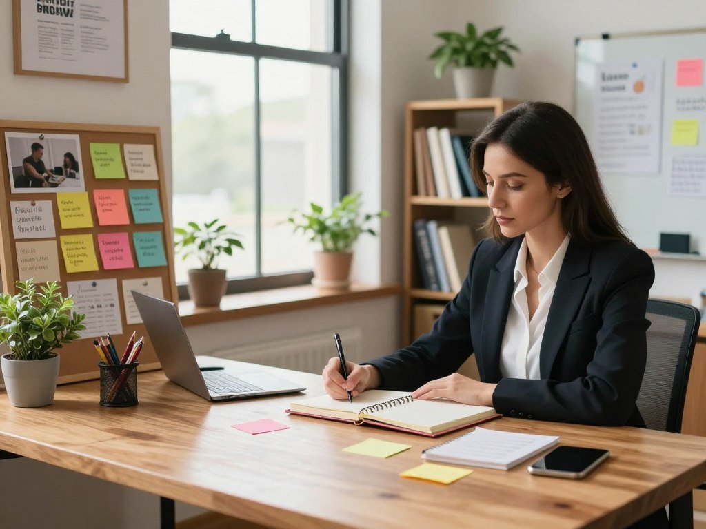 A serene and inspiring office workspace, showcasing a wooden desk adorned with a neatly organized planner, colorful sticky notes, and a vision board filled with motivational images and quotes. In the foreground, a woman in professional business attire, sitting confidently at the desk while writing goals in her planner, with a determined expression. In the middle, a large window allows soft, natural light to flood the room, creating a warm ambiance. Potted plants bring a touch of nature, while a bookshelf filled with productivity books adds depth to the scene. The background features a whiteboard with brainstorming ideas visible. Overall, the atmosphere is focused and uplifting, capturing the essence of effective goal-setting strategies.