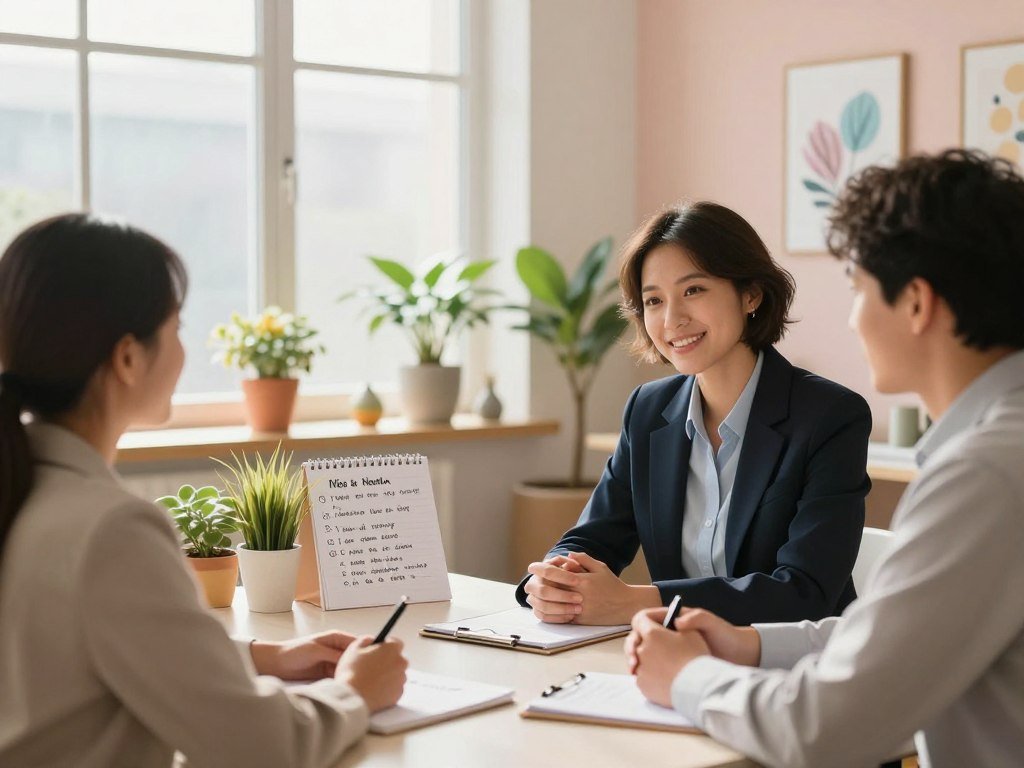 A serene and inviting workspace scene focused on mental health communication. In the foreground, a diverse group of three professionals, a man and two women, sit around a table with warm expressions, actively engaging in a conversation. They are dressed in smart business attire—polished yet approachable. In the middle ground, a notepad with handwritten tips about mental health is visible, surrounded by colorful plants and calming decor. The background features large windows letting in soft, natural sunlight that creates a cozy atmosphere, with pastel-colored walls and motivational artwork. The overall mood is supportive and positive, aimed at fostering open dialogue about emotional well-being and personal needs.
