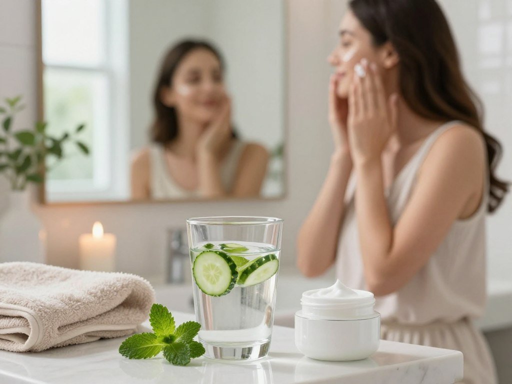 A serene bathroom scene focused on skin hydration. In the foreground, a glass of clear, refreshing water adorned with fresh cucumber slices and mint leaves sits beside a high-quality, elegant moisturizer. A soft, light-colored towel hangs nearby. The middle ground features a woman with a gentle smile, dressed in comfortable, modest loungewear, applying moisturizer to her glowing skin in front of a well-lit mirror. The background includes soothing plants and candles, creating a calming atmosphere. Bright, natural light pours through a window, illuminating the space and adding a sense of freshness and vitality. The overall mood is peaceful and rejuvenating, emphasizing the importance of consistent hydration for youthful skin. A serene bathroom scene focused on skin hydration. In the foreground, a glass of clear, refreshing water adorned with fresh cucumber slices and mint leaves sits beside a high-quality, elegant moisturizer. A soft, light-colored towel hangs nearby. The middle ground features a woman with a gentle smile, dressed in comfortable, modest loungewear, applying moisturizer to her glowing skin in front of a well-lit mirror. The background includes soothing plants and candles, creating a calming atmosphere. Bright, natural light pours through a window, illuminating the space and adding a sense of freshness and vitality. The overall mood is peaceful and rejuvenating, emphasizing the importance of consistent hydration for youthful skin.