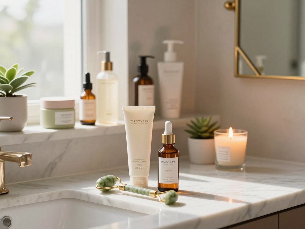 A serene bathroom setting featuring an elegant skincare vanity. In the foreground, a jade roller, moisturizer, and serum are artfully arranged on a marble countertop, alongside a lit candle and a small plant for a touch of greenery. The middle section showcases a well-organized shelf lined with assorted skincare products in stylish bottles. Soft natural light streams in through a frosted window, creating a warm, inviting atmosphere. In the background, a delicate mirror adorned with golden accents reflects the ambiance, enhancing the peaceful vibe. The overall mood is calm and nurturing, embodying the essence of a sustainable skincare routine. The color palette is soft pastels, adding to the soothing aesthetics. A serene bathroom setting featuring an elegant skincare vanity. In the foreground, a jade roller, moisturizer, and serum are artfully arranged on a marble countertop, alongside a lit candle and a small plant for a touch of greenery. The middle section showcases a well-organized shelf lined with assorted skincare products in stylish bottles. Soft natural light streams in through a frosted window, creating a warm, inviting atmosphere. In the background, a delicate mirror adorned with golden accents reflects the ambiance, enhancing the peaceful vibe. The overall mood is calm and nurturing, embodying the essence of a sustainable skincare routine. The color palette is soft pastels, adding to the soothing aesthetics.