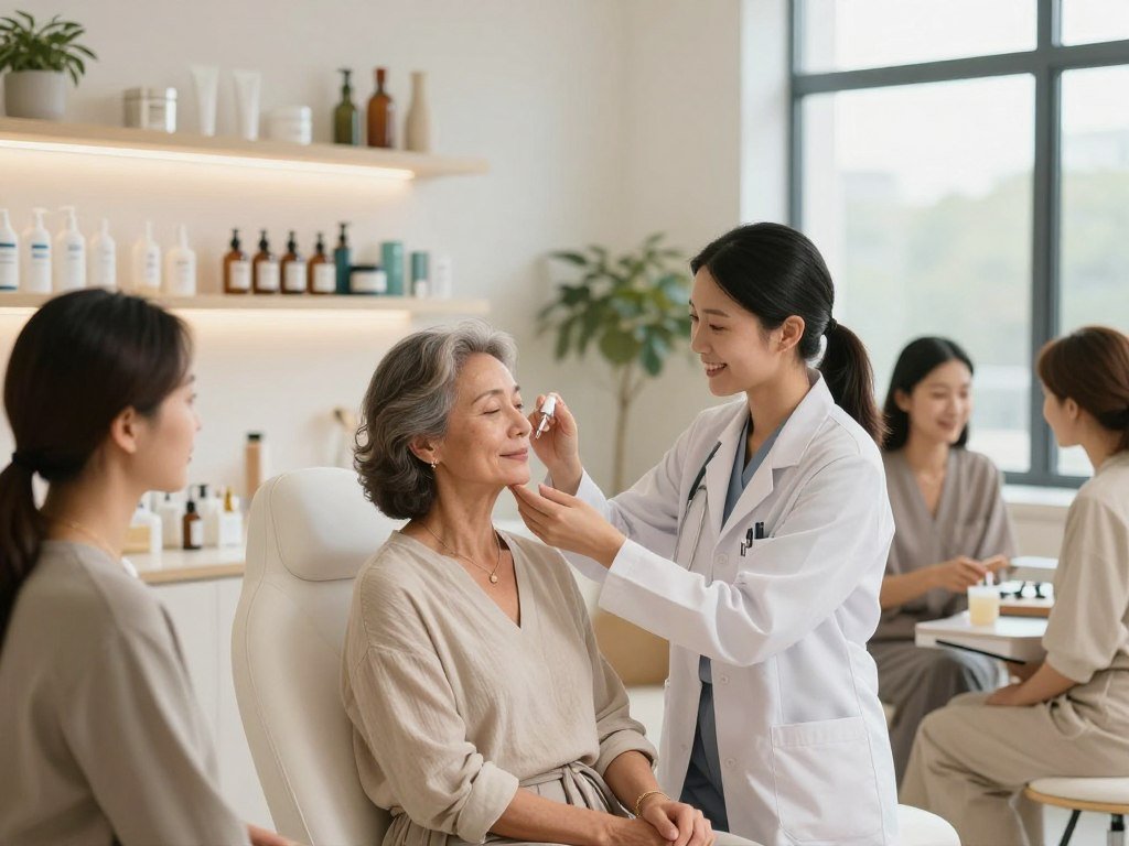 A serene dermatology clinic scene, showcasing a diverse group of women receiving professional skincare treatments. In the foreground, a smiling dermatologist in a white coat gently applies a rejuvenating serum to a middle-aged womanâs face, both wearing modest, professional attire. In the middle ground, shelves lined with elegant skincare products reflect soft, warm lighting. The background features soothing decor with potted plants and soft, neutral colors, creating a calming atmosphere. The scene is well-lit with natural light streaming through large windows, enhancing the sense of tranquility. The mood conveys empowerment and confidence, emphasizing the importance of self-care and maintenance in the prevention of aging signs. A serene dermatology clinic scene, showcasing a diverse group of women receiving professional skincare treatments. In the foreground, a smiling dermatologist in a white coat gently applies a rejuvenating serum to a middle-aged womanâs face, both wearing modest, professional attire. In the middle ground, shelves lined with elegant skincare products reflect soft, warm lighting. The background features soothing decor with potted plants and soft, neutral colors, creating a calming atmosphere. The scene is well-lit with natural light streaming through large windows, enhancing the sense of tranquility. The mood conveys empowerment and confidence, emphasizing the importance of self-care and maintenance in the prevention of aging signs.