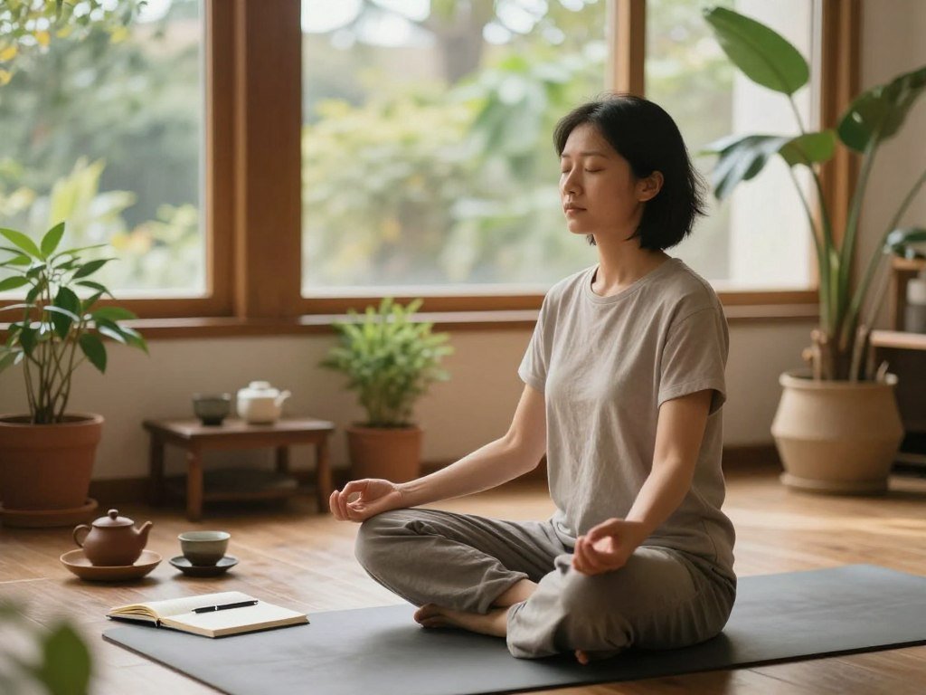 A serene indoor space designed for mindfulness and relaxation, softly illuminated by warm, natural light filtering through large windows. In the foreground, a person in modest casual clothing practices mindfulness meditation on a yoga mat, with a calm expression and eyes gently closed, embodying emotional recovery. Surrounding them, potted plants and soothing decor create an inviting atmosphere. In the middle ground, small elements like a tea set and an open journal with a pen suggest reflection and self-care. The background features a peaceful view of nature outside the window, adding to the tranquil mood. The composition should evoke a sense of inner peace and emotional resilience, using a shallow depth of field to focus on the subject in foreground. The overall aesthetic is warm, calming, and harmonious.