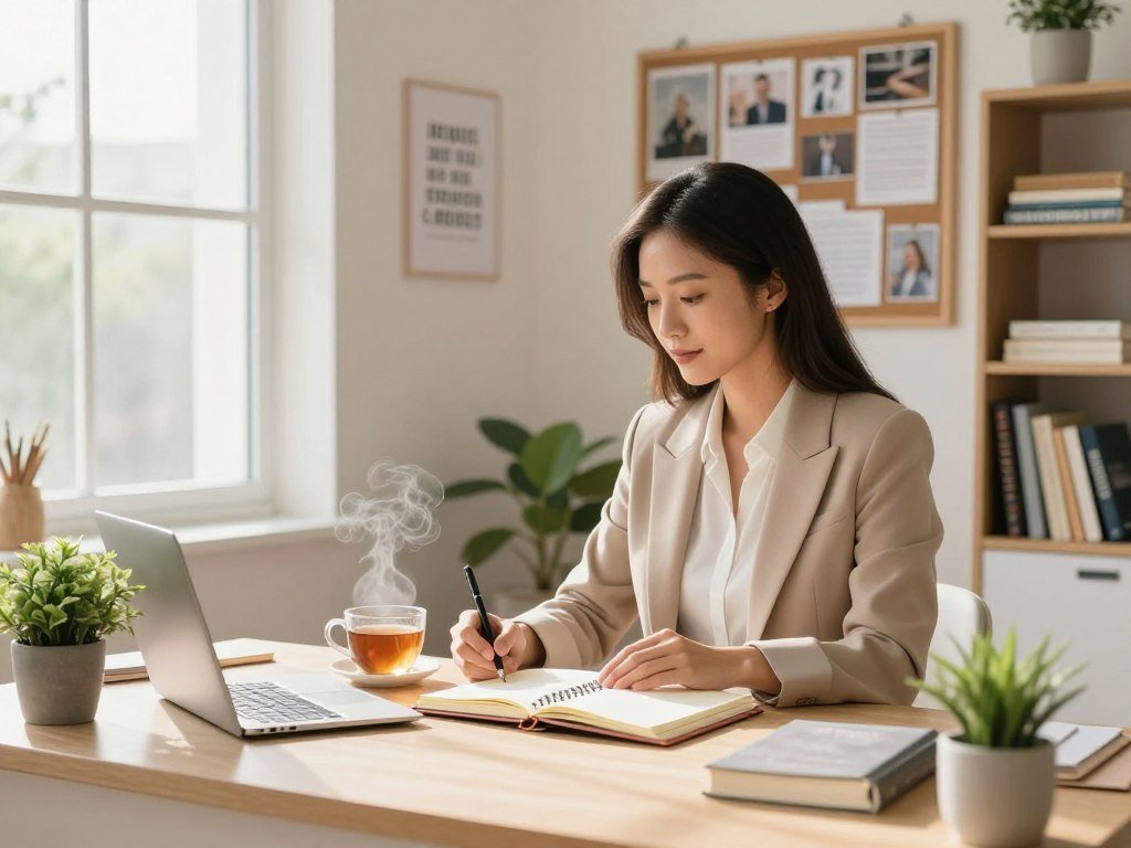 A serene, inspiring workspace set in a bright, cozy home office, showcasing a successful woman in professional attire, seated at a stylish desk. She is engaged in a morning ritual, surrounded by a planner, a steaming cup of tea, and a small plant for a touch of nature. In the background, a window lets in warm, natural light, highlighting motivational quotes on the wall. A vision board filled with inspiring images and goals is displayed prominently. Soft colors create an inviting atmosphere, while a bookshelf filled with productivity-related books is just visible. The composition captures a sense of focus, calm, and ambition, evoking the essence of effective daily routines for success.