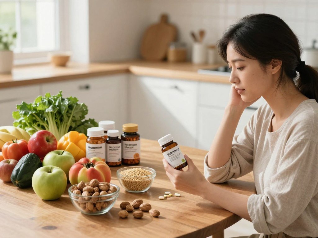 A serene kitchen setting with vibrant whole foods prominently displayed on a wooden table, including fruits, vegetables, nuts, and grains, symbolizing essential nutrients for women. In the foreground, a woman in modest casual attire, attentively examining a supplement bottle, with a thoughtful expression. In the middle ground, an elegant arrangement of colorful food groups contrasts with labeled jars of vitamins, showcasing the dilemma between supplements and whole foods. The background features soft, natural lighting filtering through a window, casting gentle shadows and enhancing the cozy atmosphere. Photographed from a slightly elevated angle to capture the entire scene harmoniously, evoking a sense of care and wellness.