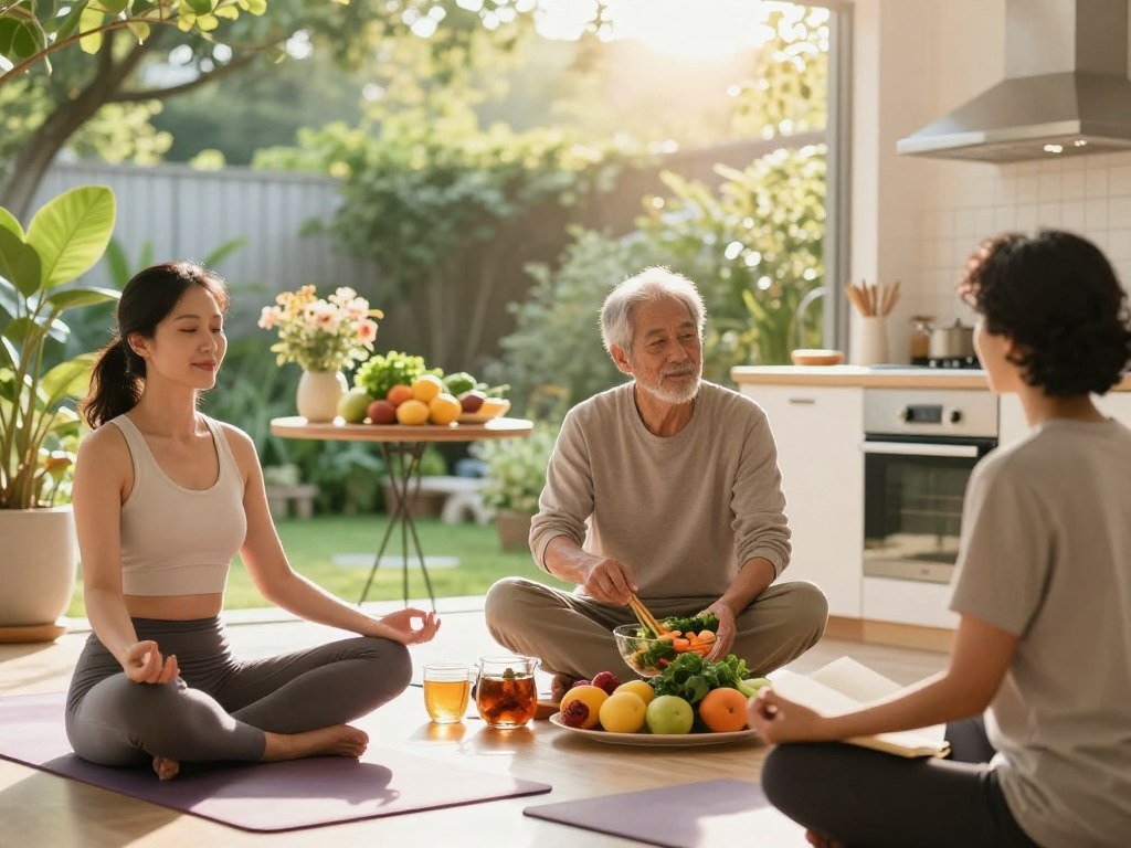 A serene lifestyle scene depicting a harmonious balance of hormones. In the foreground, a diverse group of three adults dressed in smart casual attire - a woman practicing yoga, a man preparing a healthy meal, and a person meditating with a journal - engaged in activities promoting wellness. In the middle ground, a sunlit kitchen filled with fresh fruits, vegetables, and herbal teas, symbolizing nutrition and self-care. In the background, a lush garden with blooming plants and the gentle rays of morning sunlight filtering through, creating a warm, inviting atmosphere. Soft, natural lighting highlights the subjects, creating a peaceful and motivating mood, ideal for lifestyle improvement. The lens is set for a warm focus, capturing the essence of balance and wellness without any text or distractions. A serene lifestyle scene depicting a harmonious balance of hormones. In the foreground, a diverse group of three adults dressed in smart casual attire - a woman practicing yoga, a man preparing a healthy meal, and a person meditating with a journal - engaged in activities promoting wellness. In the middle ground, a sunlit kitchen filled with fresh fruits, vegetables, and herbal teas, symbolizing nutrition and self-care. In the background, a lush garden with blooming plants and the gentle rays of morning sunlight filtering through, creating a warm, inviting atmosphere. Soft, natural lighting highlights the subjects, creating a peaceful and motivating mood, ideal for lifestyle improvement. The lens is set for a warm focus, capturing the essence of balance and wellness without any text or distractions.