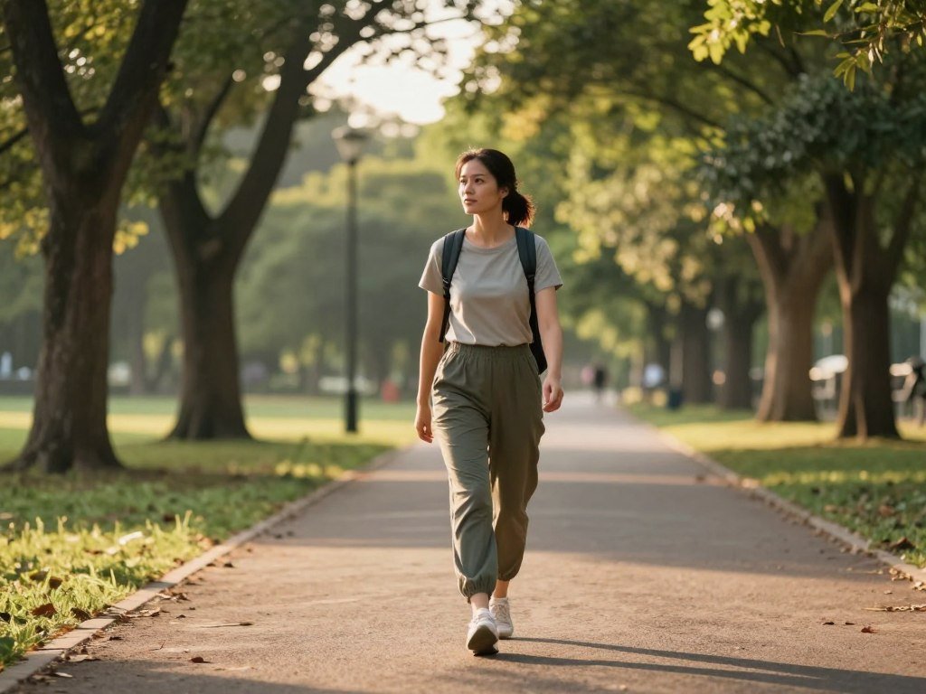 A serene park path during golden hour, where a woman dressed in modest, casual athletic wear walks confidently. In the foreground, focus on her purposeful stride and a small backpack slung over her shoulder, suggesting preparedness for an outdoor walk. In the middle, depict trees lining the path, creating a natural frame that enhances the sense of safety in her surroundings. The background should show soft, diffused sunlight filtering through the branches, casting gentle shadows on the ground. The overall mood is empowering and calm, emphasizing the joy of walking outdoors while conveying tips for safety, such as being aware of surroundings and choosing well-lit areas. The composition should evoke a sense of tranquility and confidence in safety while exercising alone. A serene park path during golden hour, where a woman dressed in modest, casual athletic wear walks confidently. In the foreground, focus on her purposeful stride and a small backpack slung over her shoulder, suggesting preparedness for an outdoor walk. In the middle, depict trees lining the path, creating a natural frame that enhances the sense of safety in her surroundings. The background should show soft, diffused sunlight filtering through the branches, casting gentle shadows on the ground. The overall mood is empowering and calm, emphasizing the joy of walking outdoors while conveying tips for safety, such as being aware of surroundings and choosing well-lit areas. The composition should evoke a sense of tranquility and confidence in safety while exercising alone.