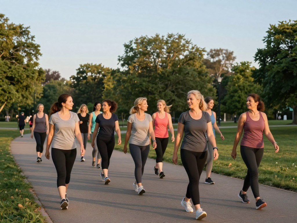A serene park pathway during early morning, bathed in soft golden sunlight, creates the perfect backdrop for individuals engaging in a walking program. In the foreground, a diverse group of women, dressed in modest and comfortable activewear, walk together, showcasing various fitness levels and body types. One woman, slightly ahead, demonstrates proper posture while maintaining a light, encouraging smile, implying motivation. In the middle ground, other walkers are seen maintaining their pace, some enjoying dialogue, emphasizing camaraderie. The background features lush green trees and a clear blue sky, instilling a sense of calm and positivity. The overall mood is uplifting and supportive, capturing the essence of a community walking program while subtly illustrating the importance of avoiding common beginner mistakes in fitness routines. A serene park pathway during early morning, bathed in soft golden sunlight, creates the perfect backdrop for individuals engaging in a walking program. In the foreground, a diverse group of women, dressed in modest and comfortable activewear, walk together, showcasing various fitness levels and body types. One woman, slightly ahead, demonstrates proper posture while maintaining a light, encouraging smile, implying motivation. In the middle ground, other walkers are seen maintaining their pace, some enjoying dialogue, emphasizing camaraderie. The background features lush green trees and a clear blue sky, instilling a sense of calm and positivity. The overall mood is uplifting and supportive, capturing the essence of a community walking program while subtly illustrating the importance of avoiding common beginner mistakes in fitness routines.