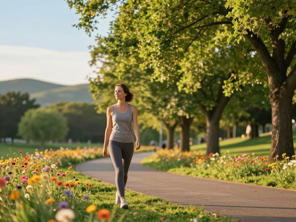 A serene park scene during golden hour, illuminated by warm, soft sunlight filtering through lush green trees. In the foreground, a woman dressed in modest athletic wear, walking with a calm expression and a slight smile, embodying tranquility and mindfulness as she enjoys her stroll. The middle ground features a winding path surrounded by colorful wildflowers, creating a vibrant yet peaceful atmosphere. In the background, gentle hills and a clear blue sky enhance the sense of openness and freedom. The focus is on the woman, with a shallow depth of field that subtly blurs the scenery around her, capturing a moment of relaxation and mental clarity. The overall mood is uplifting and harmonious, illustrating the mental health benefits of walking. A serene park scene during golden hour, illuminated by warm, soft sunlight filtering through lush green trees. In the foreground, a woman dressed in modest athletic wear, walking with a calm expression and a slight smile, embodying tranquility and mindfulness as she enjoys her stroll. The middle ground features a winding path surrounded by colorful wildflowers, creating a vibrant yet peaceful atmosphere. In the background, gentle hills and a clear blue sky enhance the sense of openness and freedom. The focus is on the woman, with a shallow depth of field that subtly blurs the scenery around her, capturing a moment of relaxation and mental clarity. The overall mood is uplifting and harmonious, illustrating the mental health benefits of walking.