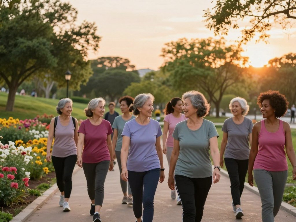 A serene park setting during the golden hour, showcasing a diverse group of women walking together along a scenic pathway lined with blooming flowers and lush trees. In the foreground, a middle-aged woman wearing comfortable athletic attire smiles and engages in conversation with her friends, radiating joy and energy. The middle ground features other women of varying ages and ethnic backgrounds, all actively enjoying their walk, embodying health and camaraderie. The background reveals a gentle slope with vibrant greenery, the sky painted in warm hues of sunset. Soft, diffused lighting creates a welcoming atmosphere, capturing the essence of community and wellness. The overall mood is uplifting and motivational, emphasizing the benefits of walking as a joyful and empowering exercise for women. A serene park setting during the golden hour, showcasing a diverse group of women walking together along a scenic pathway lined with blooming flowers and lush trees. In the foreground, a middle-aged woman wearing comfortable athletic attire smiles and engages in conversation with her friends, radiating joy and energy. The middle ground features other women of varying ages and ethnic backgrounds, all actively enjoying their walk, embodying health and camaraderie. The background reveals a gentle slope with vibrant greenery, the sky painted in warm hues of sunset. Soft, diffused lighting creates a welcoming atmosphere, capturing the essence of community and wellness. The overall mood is uplifting and motivational, emphasizing the benefits of walking as a joyful and empowering exercise for women.
