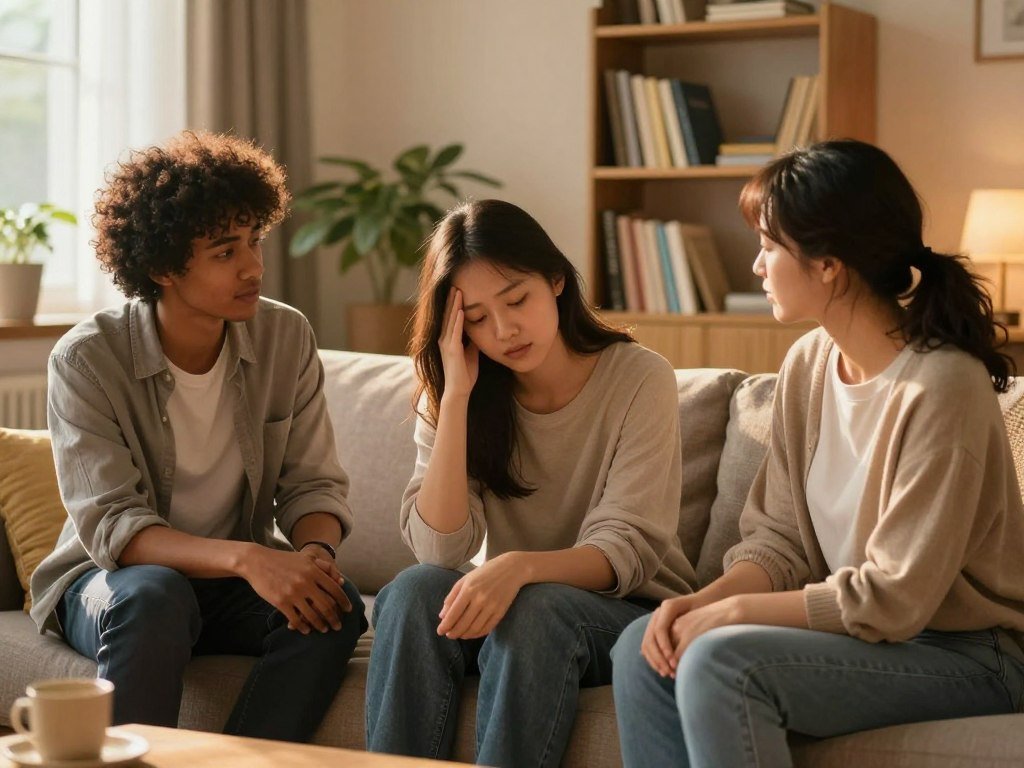 A serene scene depicting the concept of emotional fatigue recovery. In the foreground, a diverse group of three individuals sit together on a cozy couch, surrounded by soft cushions. They are dressed in comfortable, modest casual clothing, engaging in supportive conversation, their expressions reflecting a sense of relief and understanding. In the middle ground, a warm and inviting living room is filled with soft, ambient lighting, creating a peaceful atmosphere. A houseplant adds a touch of nature, while a gentle light from a nearby window bathes the scene in a golden hue. In the background, a calming bookshelf is filled with self-help books, reinforcing the theme of recovery. The overall mood is hopeful and rejuvenating, depicting the steps towards emotional restoration.