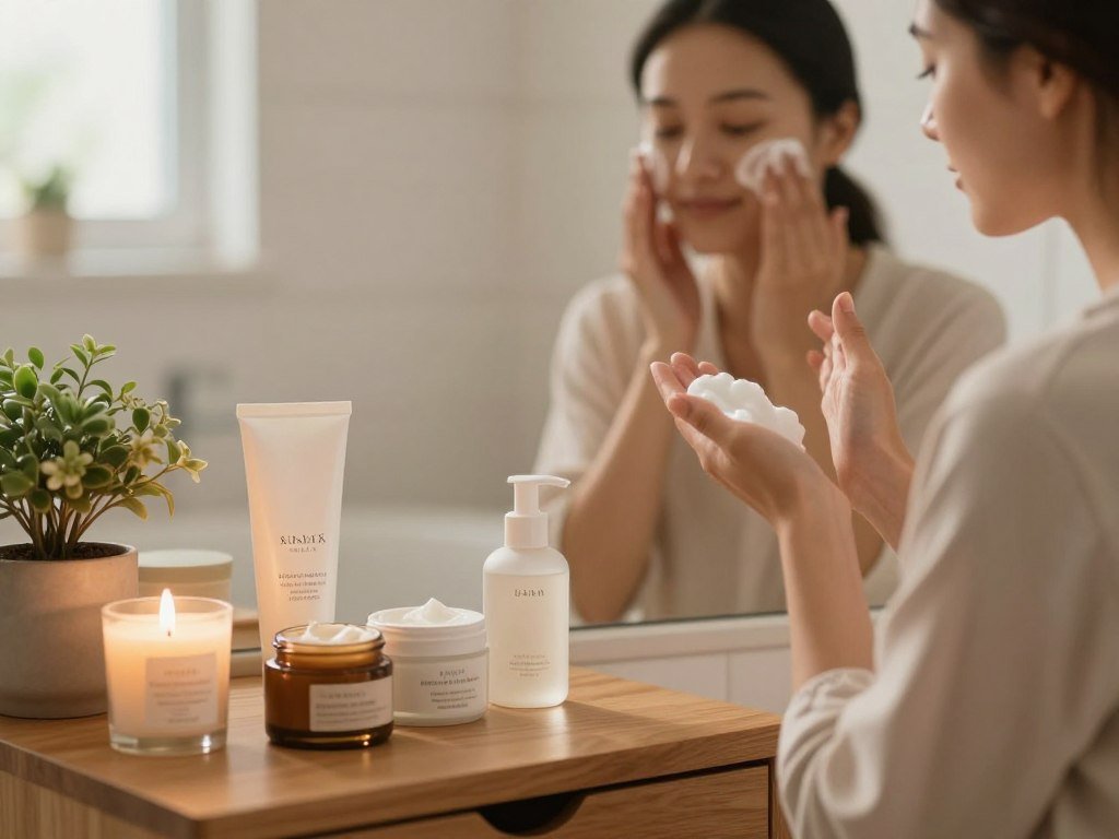 A serene skincare routine scene set in a softly lit bathroom. In the foreground, there's a beautifully arranged wooden vanity with various skincare products: jars of cream, a delicate facial cleanser, and a gentle exfoliant, all elegantly displayed. A small plant and a scented candle add a fresh touch. In the middle ground, a woman in modest casual clothing is seen gently massaging a cleanser into her skin, with a focused, calm expression that conveys mindfulness. The background features blurred tiles and a soft glow from a window, enhancing the peaceful atmosphere. The lighting is warm and inviting, lending a tranquil mood, captured from a slightly elevated angle to highlight the womanâs routine. A serene skincare routine scene set in a softly lit bathroom. In the foreground, there's a beautifully arranged wooden vanity with various skincare products: jars of cream, a delicate facial cleanser, and a gentle exfoliant, all elegantly displayed. A small plant and a scented candle add a fresh touch. In the middle ground, a woman in modest casual clothing is seen gently massaging a cleanser into her skin, with a focused, calm expression that conveys mindfulness. The background features blurred tiles and a soft glow from a window, enhancing the peaceful atmosphere. The lighting is warm and inviting, lending a tranquil mood, captured from a slightly elevated angle to highlight the womanâs routine.