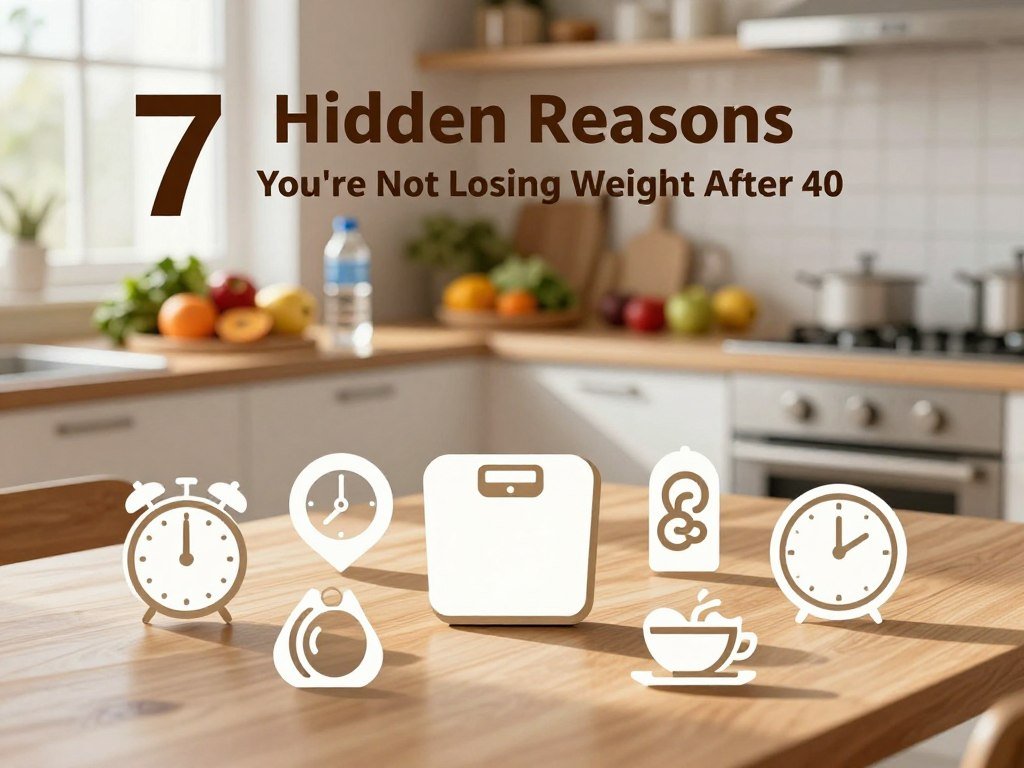 A serene, visually engaging scene depicting the concept of "7 Hidden Reasons You're Not Losing Weight After 40". In the foreground, seven abstract icons symbolizing hidden factors, such as a clock for metabolism changes, a scale for weight, and a balanced plate for diet, elegantly arranged on a wooden table. The middle ground features a well-lit, inviting kitchen setting with fresh fruits, vegetables, and a water bottle, conveying a sense of health and nutrition. The background includes soft natural light streaming through a window, casting gentle shadows and enhancing the cozy atmosphere. The overall mood is reflective and inspiring, encouraging viewers to explore the reasons behind their weight loss challenges. The image should evoke a sense of hope and awareness without any text or captions. A serene, visually engaging scene depicting the concept of "7 Hidden Reasons You're Not Losing Weight After 40". In the foreground, seven abstract icons symbolizing hidden factors, such as a clock for metabolism changes, a scale for weight, and a balanced plate for diet, elegantly arranged on a wooden table. The middle ground features a well-lit, inviting kitchen setting with fresh fruits, vegetables, and a water bottle, conveying a sense of health and nutrition. The background includes soft natural light streaming through a window, casting gentle shadows and enhancing the cozy atmosphere. The overall mood is reflective and inspiring, encouraging viewers to explore the reasons behind their weight loss challenges. The image should evoke a sense of hope and awareness without any text or captions.