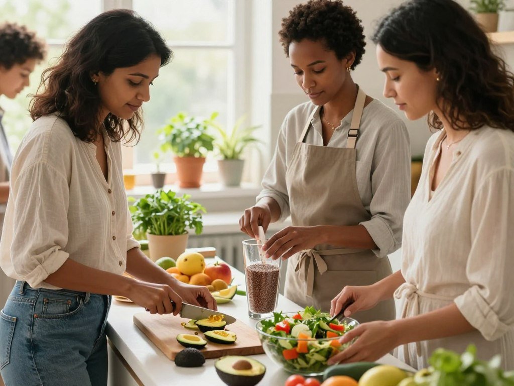 A serene wellness scene focused on a diverse group of women engaged in a heart-healthy meal preparation, emphasizing the importance of Omega-3 fatty acids. In the foreground, a South Asian woman in a light, casual blouse and jeans is gently slicing avocados and preparing a vibrant salad. In the middle, a Black woman in a professional-looking outfit, complete with an apron, is blending a smoothie rich in flaxseeds and chia seeds. In the background, a window reveals a bright morning light filtering through, highlighting potted herbs and fresh fruits on a countertop. The atmosphere is warm and inviting, promoting a sense of community and wellness. Soft, natural lighting accentuates the freshness of the ingredients, captured with a slightly elevated angle to create depth.