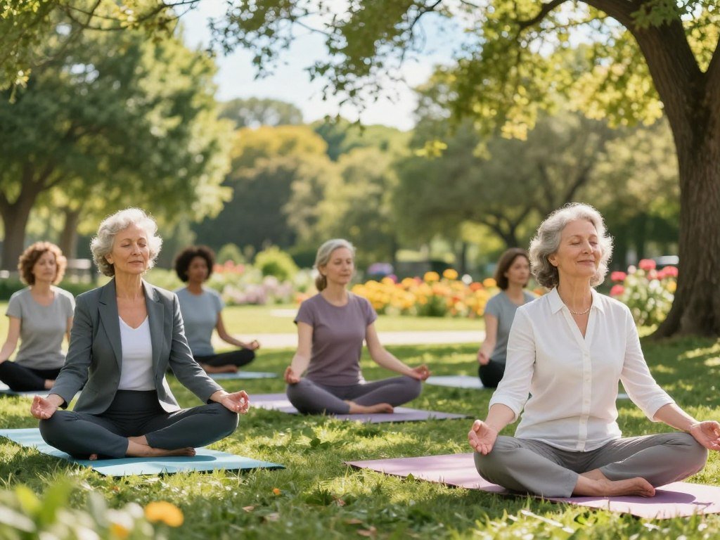 A serene wellness scene focusing on a diverse group of women practicing stress-relief techniques in a beautiful, sunlit park. In the foreground, two women in professional business attire are engaged in gentle yoga poses, portraying a sense of calm and mindfulness. In the middle ground, a woman meditates on a soft yoga mat, surrounded by lush greenery, symbolizing tranquility. In the background, vibrant flowers bloom under a clear blue sky, enhancing the peaceful atmosphere. The soft, natural sunlight filters through the leaves, casting gentle shadows and highlighting the womenâs relaxed expressions. The overall mood is uplifting and rejuvenating, evoking a sense of harmony and balance, ideal for promoting healthy aging through stress management. A serene wellness scene focusing on a diverse group of women practicing stress-relief techniques in a beautiful, sunlit park. In the foreground, two women in professional business attire are engaged in gentle yoga poses, portraying a sense of calm and mindfulness. In the middle ground, a woman meditates on a soft yoga mat, surrounded by lush greenery, symbolizing tranquility. In the background, vibrant flowers bloom under a clear blue sky, enhancing the peaceful atmosphere. The soft, natural sunlight filters through the leaves, casting gentle shadows and highlighting the womenâs relaxed expressions. The overall mood is uplifting and rejuvenating, evoking a sense of harmony and balance, ideal for promoting healthy aging through stress management.