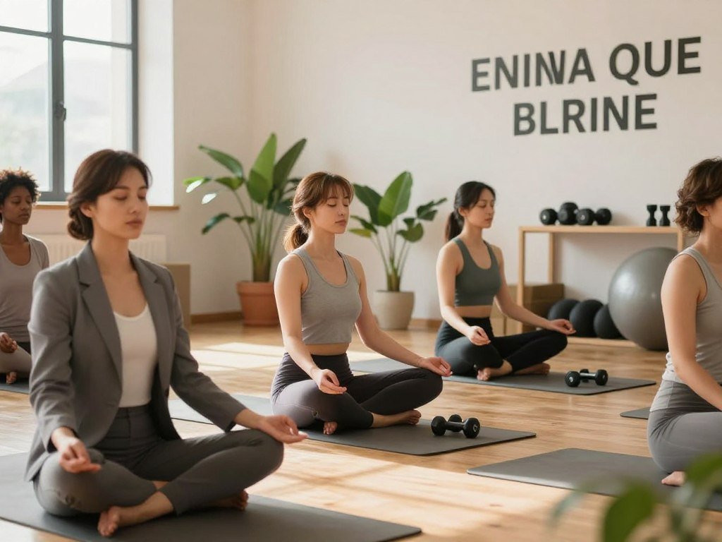 A serene wellness scene showing a diverse group of professional women engaged in physical and mental wellness activities. In the foreground, a woman in business attire practices yoga on a gym mat, exuding calm and focus. In the middle, another woman is meditating with closed eyes, surrounded by indoor plants and soft natural light, symbolizing tranquility. In the background, a bright and airy office space features motivational quotes on the walls and a fitness corner with dumbbells and a stability ball. The lighting is warm and inviting, suggesting a productive atmosphere. Capture the mood of empowerment and balance, emphasizing the importance of integrating physical and mental wellness in daily life without any distractions or text.
