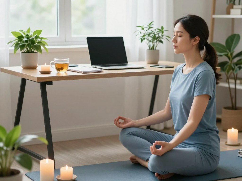 A serene workspace depicting a daily routine for emotional burnout recovery. In the foreground, a professional woman in modest casual attire is practicing mindfulness, sitting cross-legged on a yoga mat, surrounded by calming elements like candles and plants. In the middle, a well-organized desk features a planner, herbal tea, and a laptop, illustrating a balanced work-life scenario. In the background, softly lit natural light filters through a window adorned with gentle curtains, creating a warm and inviting atmosphere. The color palette should consist of calming blues and greens, promoting tranquility and focus. The mood is peaceful and restorative, capturing the essence of recovery and sustainable daily practices.