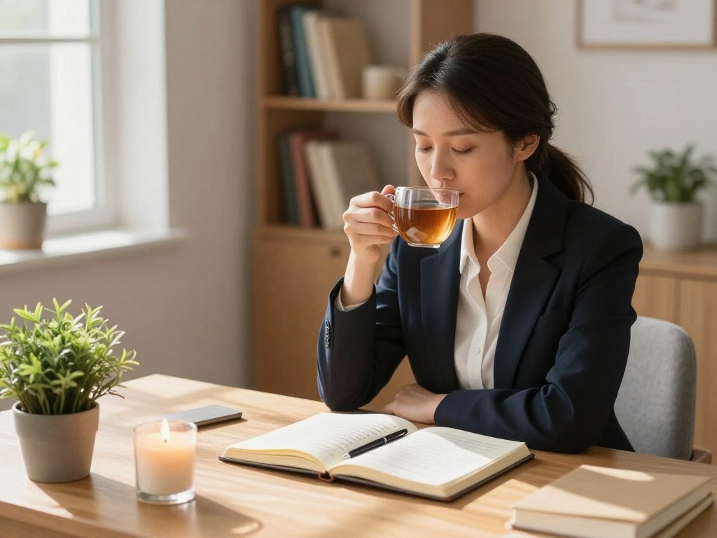 A serene workspace featuring a person in professional attire sitting at a wooden desk, gently sipping herbal tea, a look of peaceful contemplation on their face. In the foreground, a small potted plant symbolizes growth and rejuvenation. The middle ground includes a soft, warm light streaming in from a window, casting gentle shadows and creating a calming atmosphere. On the desk, an open journal with motivational quotes, a pen, and a burning candle evoke the idea of reflective practice. The background depicts a cozy, inviting room with soft pastel colors, bookshelves filled with self-help books, and a comfortable chair, emphasizing comfort and emotional recovery. The overall mood is calming and uplifting, suggesting a journey toward emotional resilience and recovery from fatigue.