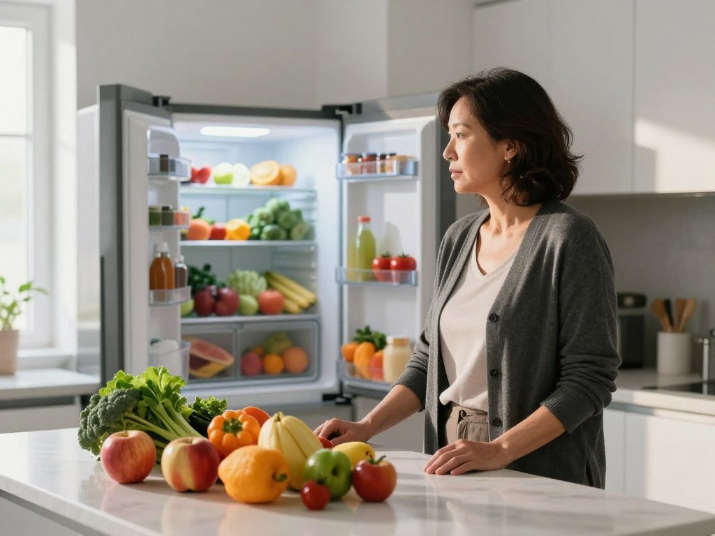 A serene yet introspective scene depicting an individual in a clean, modern kitchen, reflecting on their weight loss journey post-40. In the foreground, the subject—a middle-aged person in smart casual attire—stands at a kitchen island, looking thoughtfully at a colorful array of fresh fruits and vegetables, symbolizing a healthy diet. The middle ground features an open refrigerator brimming with nutritious food, emphasizing the importance of gut health. In the background, soft natural light floods in through a window, casting gentle shadows and creating a calm atmosphere. The mood evokes contemplation and determination, hinting at the complexities of weight loss setbacks related to gut health, without any text or distractions. A serene yet introspective scene depicting an individual in a clean, modern kitchen, reflecting on their weight loss journey post-40. In the foreground, the subject—a middle-aged person in smart casual attire—stands at a kitchen island, looking thoughtfully at a colorful array of fresh fruits and vegetables, symbolizing a healthy diet. The middle ground features an open refrigerator brimming with nutritious food, emphasizing the importance of gut health. In the background, soft natural light floods in through a window, casting gentle shadows and creating a calm atmosphere. The mood evokes contemplation and determination, hinting at the complexities of weight loss setbacks related to gut health, without any text or distractions.