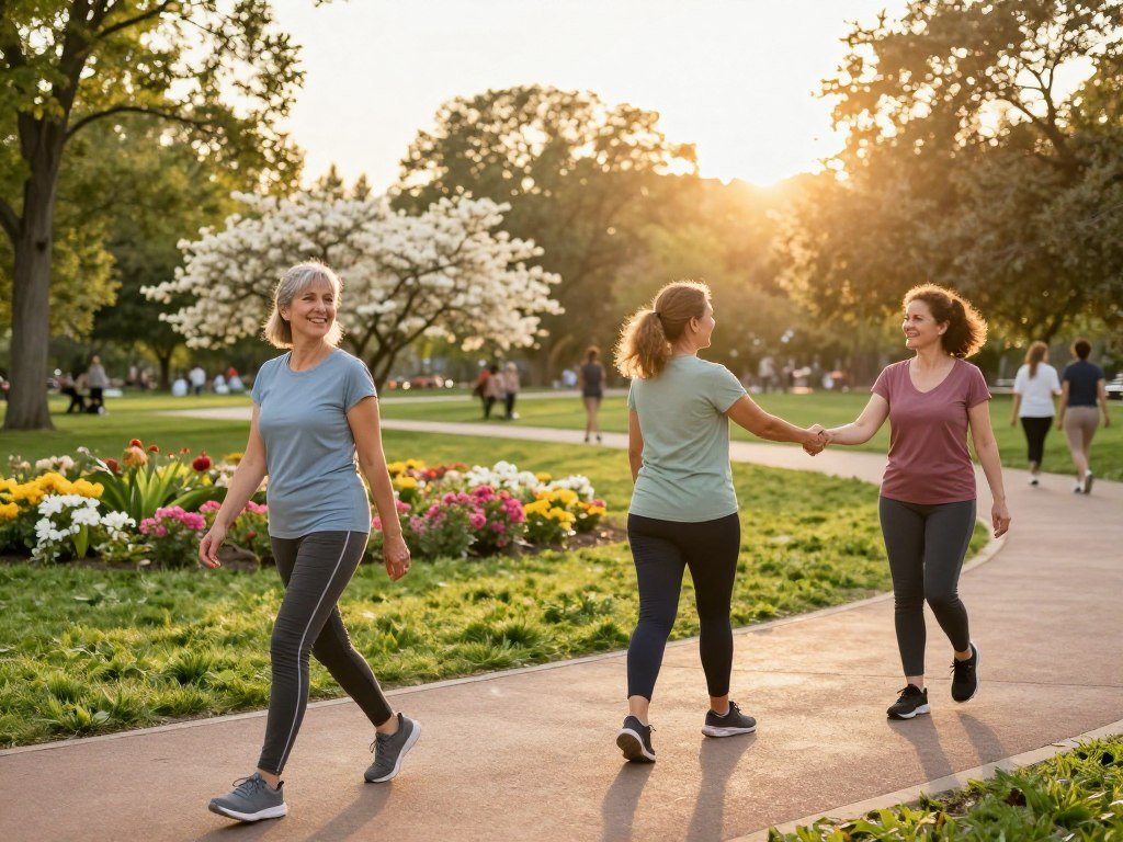 A sunny park setting with a diverse group of three women in their 30s to 50s wearing comfortable, modest athletic clothing, demonstrating different walking styles on a well-maintained path. In the foreground, one woman is smiling and taking steady strides, while another shakes hands with a friend, symbolizing community support. The middle ground features blooming flowers and trees, enhancing the sense of a vibrant, inviting environment. In the background, the sun is setting, casting a warm golden glow over the scene, creating an uplifting atmosphere. The image should be captured with a wide-angle lens to encompass the peaceful and motivating ambiance of the park, while ensuring all subjects appear engaged and inspired in their walking routine. A sunny park setting with a diverse group of three women in their 30s to 50s wearing comfortable, modest athletic clothing, demonstrating different walking styles on a well-maintained path. In the foreground, one woman is smiling and taking steady strides, while another shakes hands with a friend, symbolizing community support. The middle ground features blooming flowers and trees, enhancing the sense of a vibrant, inviting environment. In the background, the sun is setting, casting a warm golden glow over the scene, creating an uplifting atmosphere. The image should be captured with a wide-angle lens to encompass the peaceful and motivating ambiance of the park, while ensuring all subjects appear engaged and inspired in their walking routine.