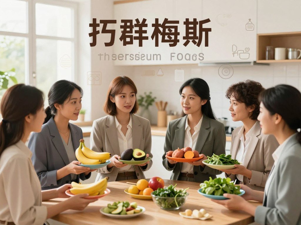 A vibrant and informative illustration showing potassium-rich foods and their role in women's health. In the foreground, a diverse group of women in professional business attire, engaged in a discussion about nutrition, with focused expressions. Each woman holds a colorful plate filled with potassium-rich foods like bananas, avocados, sweet potatoes, and spinach. The middle ground features an infographic-style layout showcasing the benefits of potassium for blood pressure regulation, with subtle graphics and light icons. In the background, a soothing kitchen setting with natural light filtering through a window, creating a warm, inviting atmosphere. The overall mood is hopeful and empowering, emphasizing health and well-being through dietary choices.