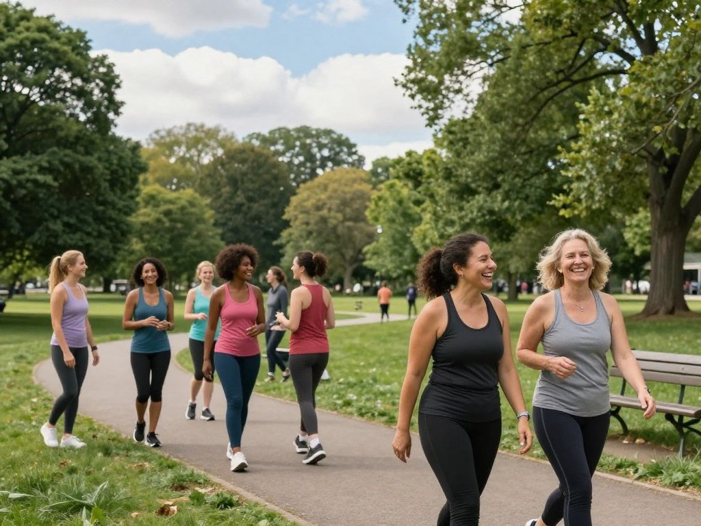A vibrant community scene depicting a group of women of diverse backgrounds engaging in social walking in a lush, green park. In the foreground, a pair of women, smiling and laughing, are walking side by side, dressed in comfortable athletic wear. In the middle ground, other groups of women are casually chatting and enjoying the activity, with trees and park benches surrounding them. The background shows a clear blue sky with fluffy clouds, and a winding path leading through the park. Soft, natural lighting enhances the atmosphere, creating a warm and inviting mood. The angle captures the camaraderie and connection among the participants, emphasizing the joy of fitness and community bonding during the walk. A vibrant community scene depicting a group of women of diverse backgrounds engaging in social walking in a lush, green park. In the foreground, a pair of women, smiling and laughing, are walking side by side, dressed in comfortable athletic wear. In the middle ground, other groups of women are casually chatting and enjoying the activity, with trees and park benches surrounding them. The background shows a clear blue sky with fluffy clouds, and a winding path leading through the park. Soft, natural lighting enhances the atmosphere, creating a warm and inviting mood. The angle captures the camaraderie and connection among the participants, emphasizing the joy of fitness and community bonding during the walk.